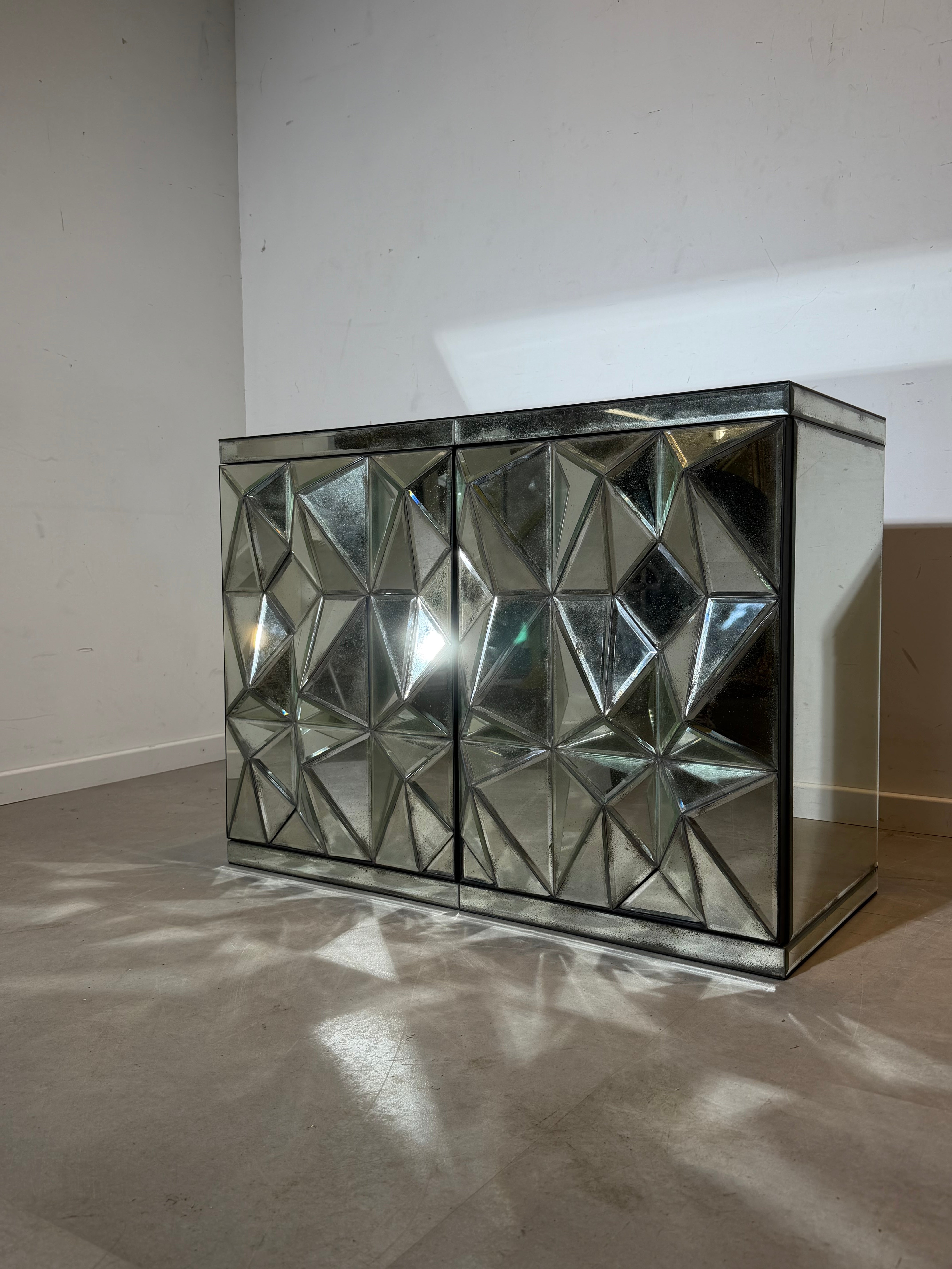 Vintage Faceted Mirrored Cabinet / Sideboard – Geometric Glass Doors – 105 cm