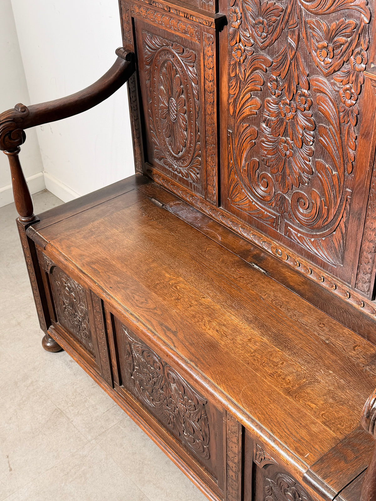Antique Carved Oak Hall Bench with Storage