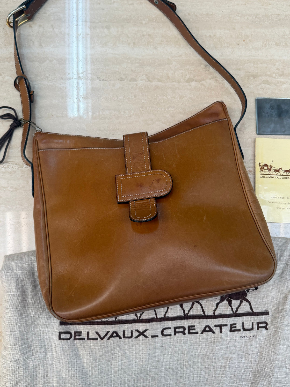 Vintage Delvaux Cognac Leather Shoulder Bag – With Dust Bag, Mirror & Certificate