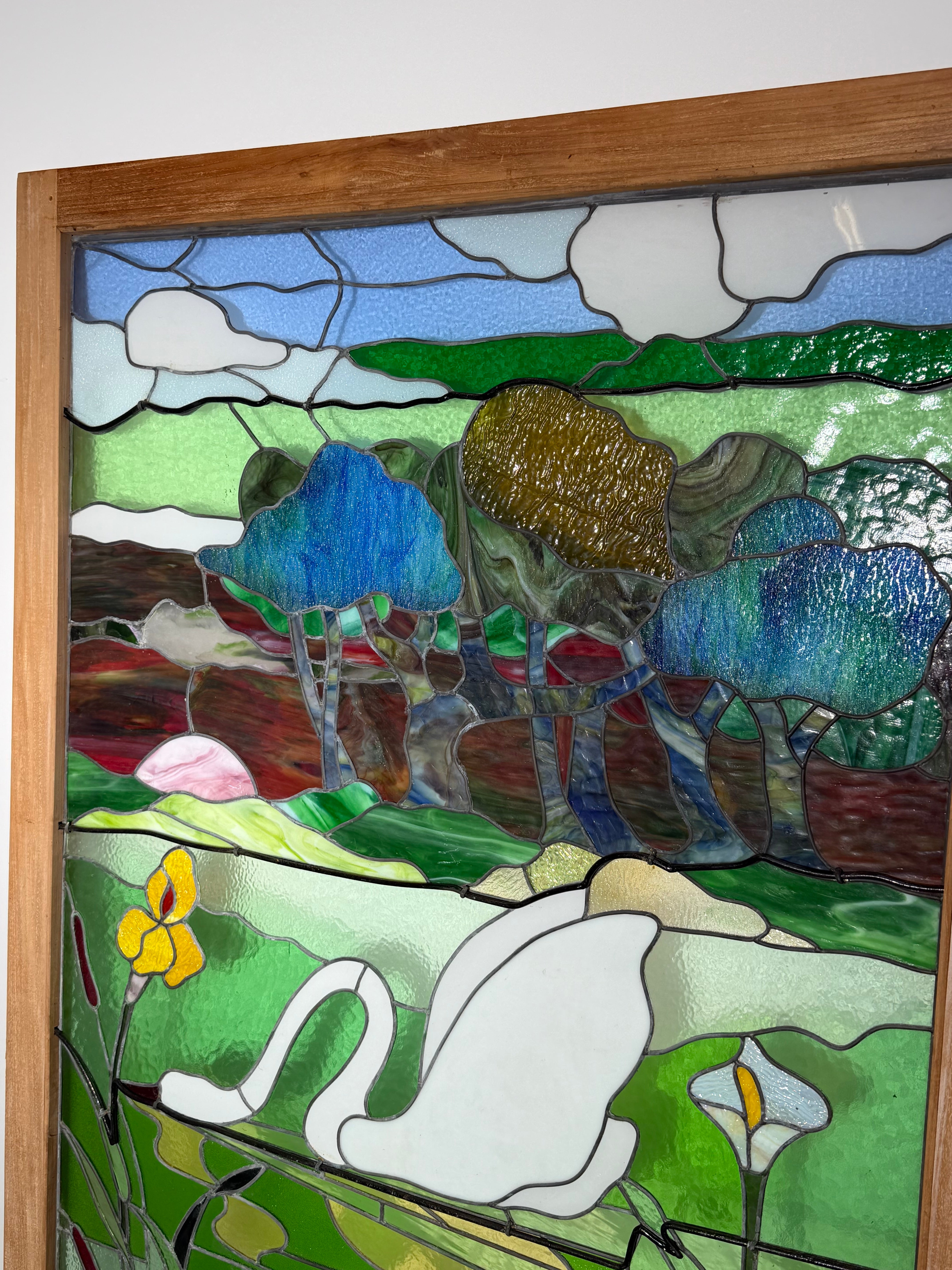 Large Stained Glass Panel with Swan Landscape
