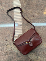 Vintage Delvaux Crossbody Bag – Burgundy Leather – Signature V Clasp – With Original Mirror