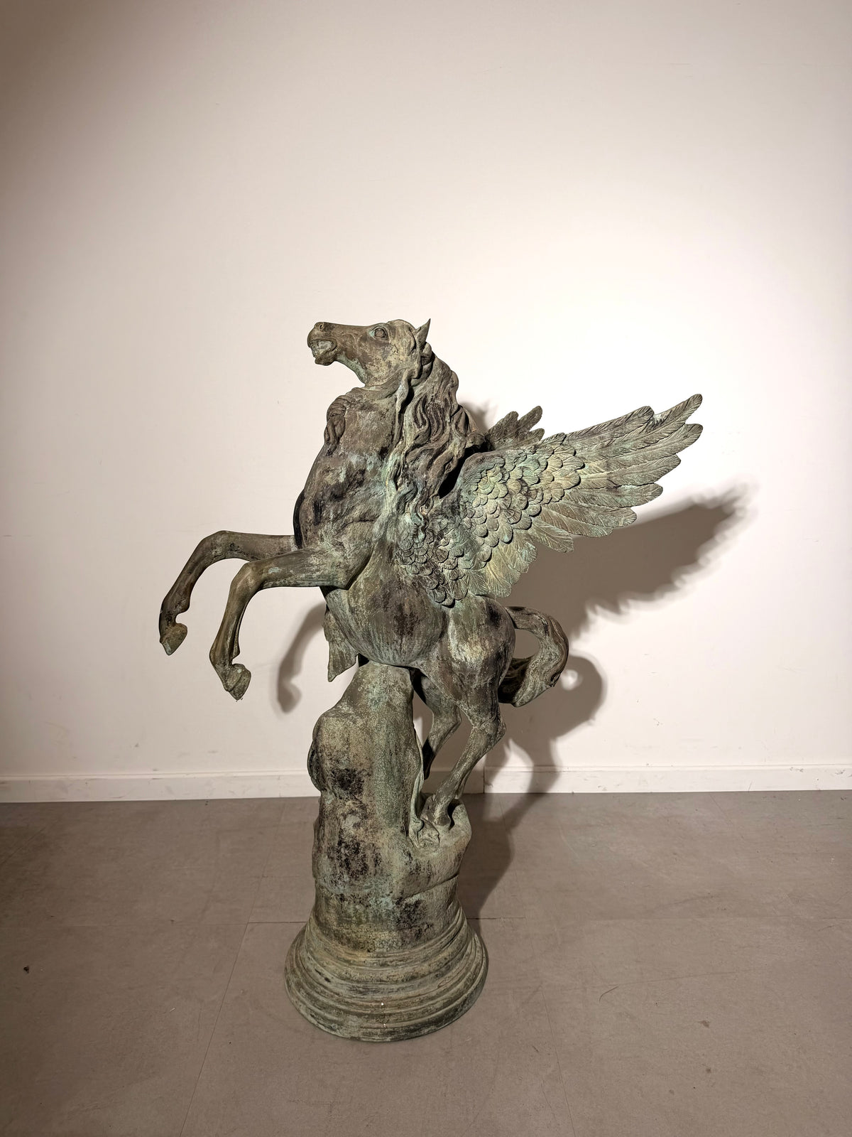 Large Patinated Bronze Pegasus & Winged Figure Sculpture