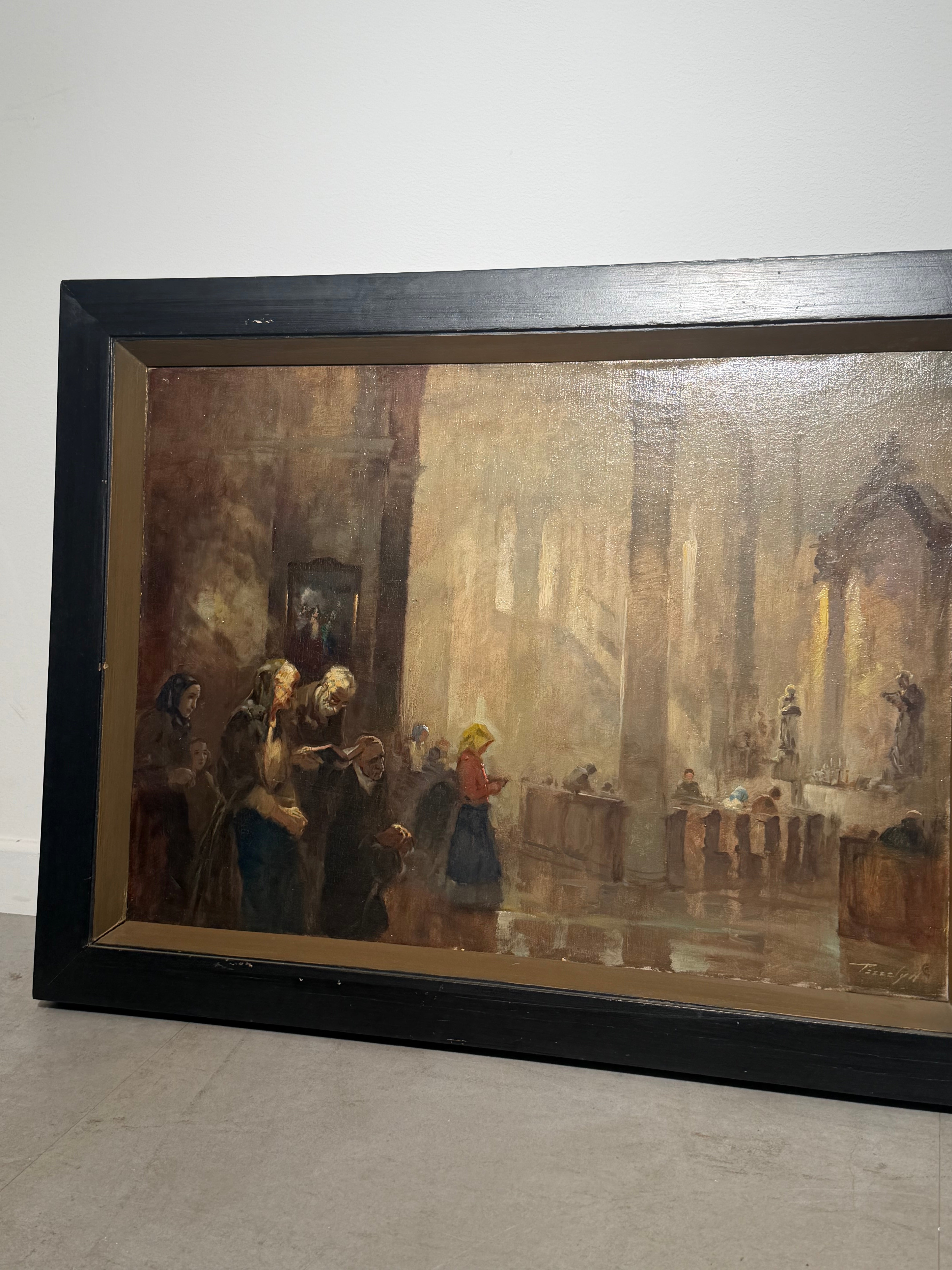 Antique Church Interior - Oil on Canvas - Signed