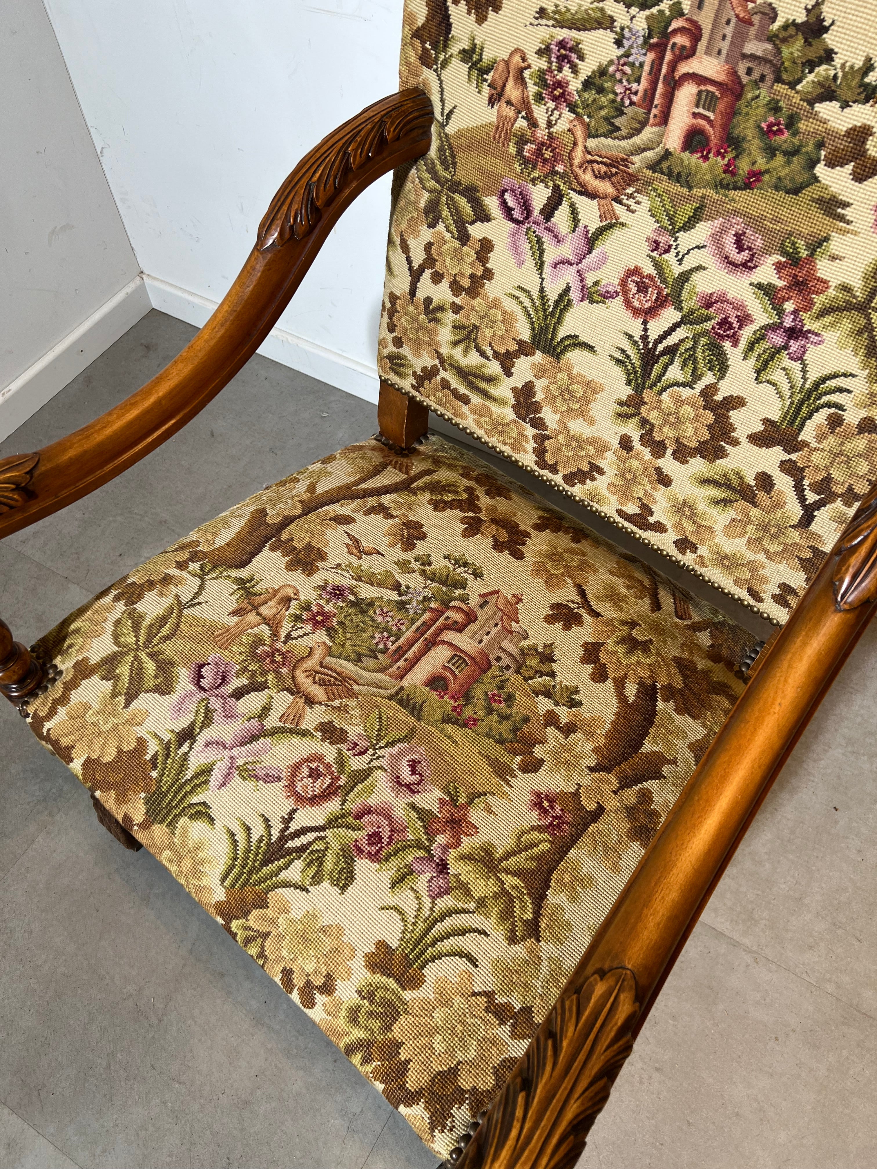 ge Carved Wooden Armchair with Tapestry Upholstery