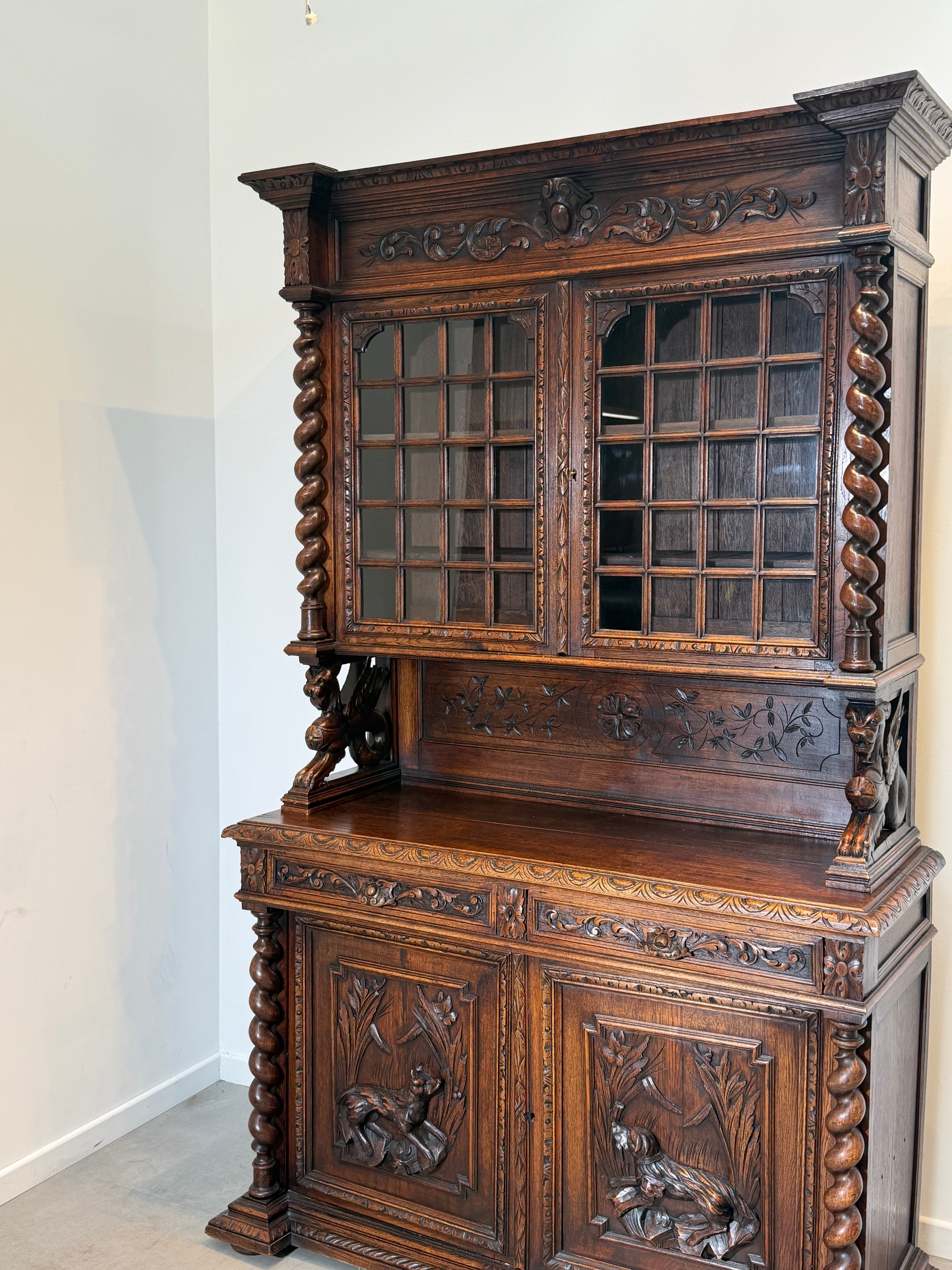 Antique Carved Oak Display Cabinet with Barley Twist Columns