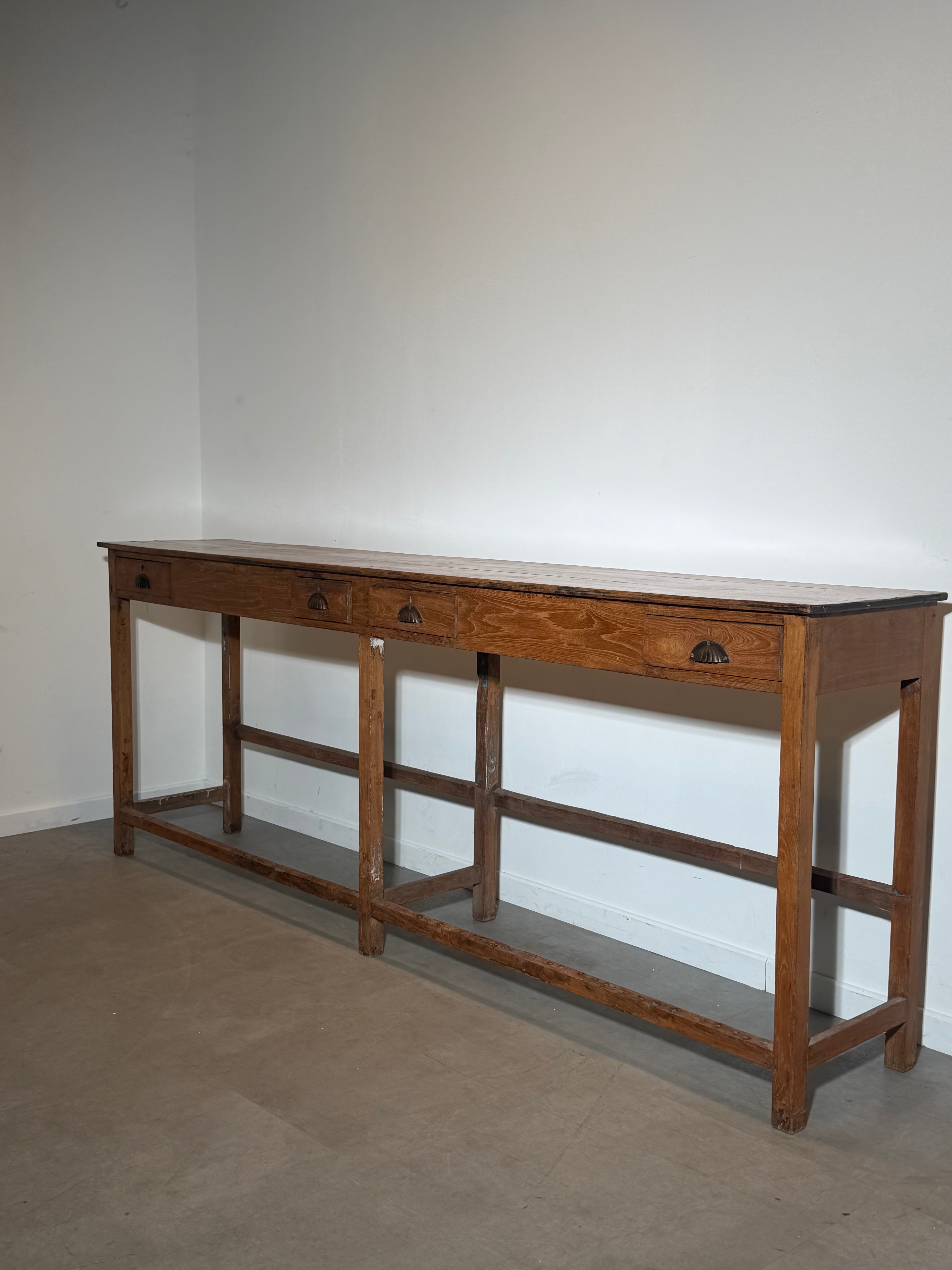Antique Solid Oak Console Table with Four Drawers