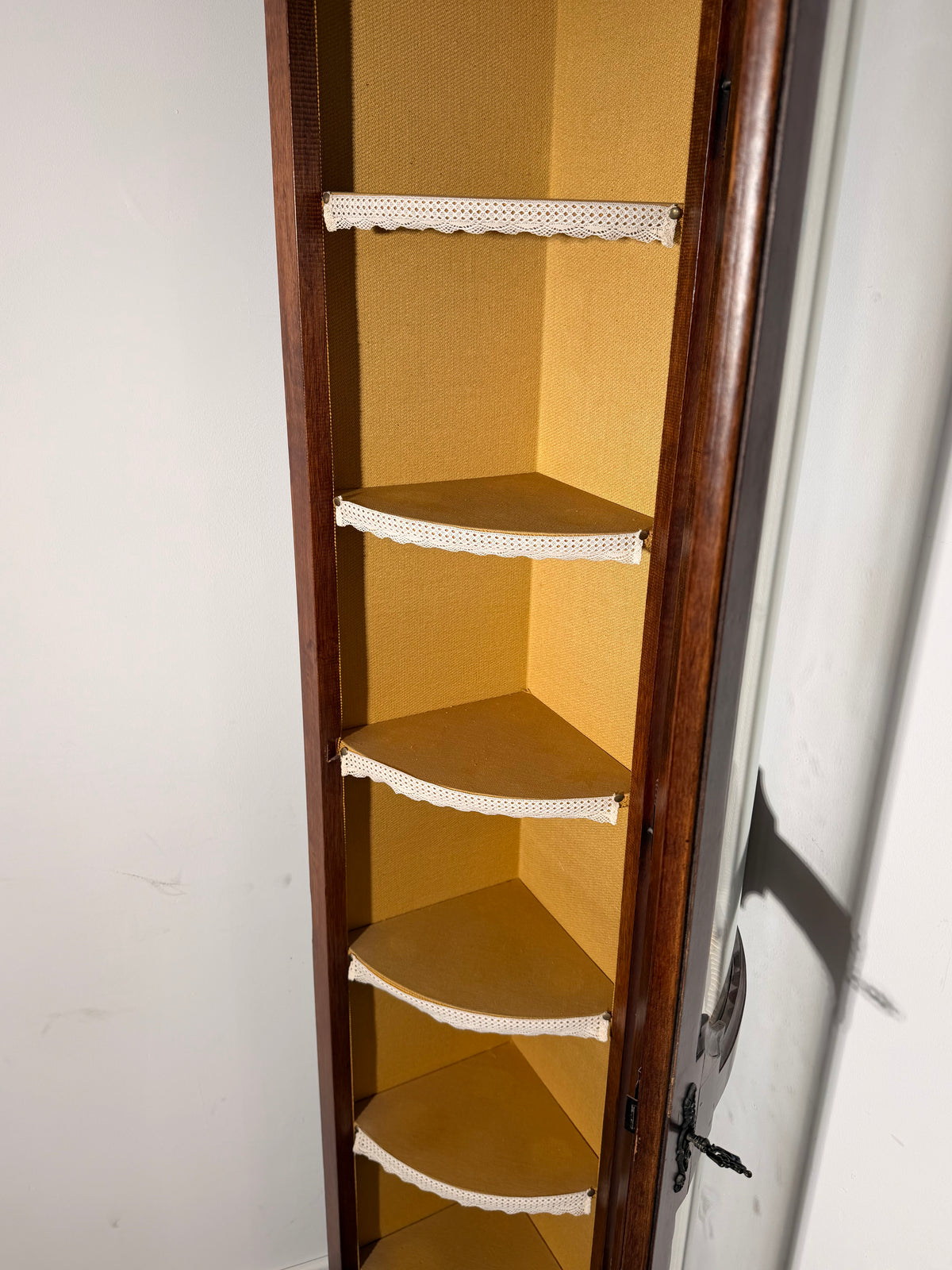 Antique Walnut Corner Display Cabinet with Curved Glass