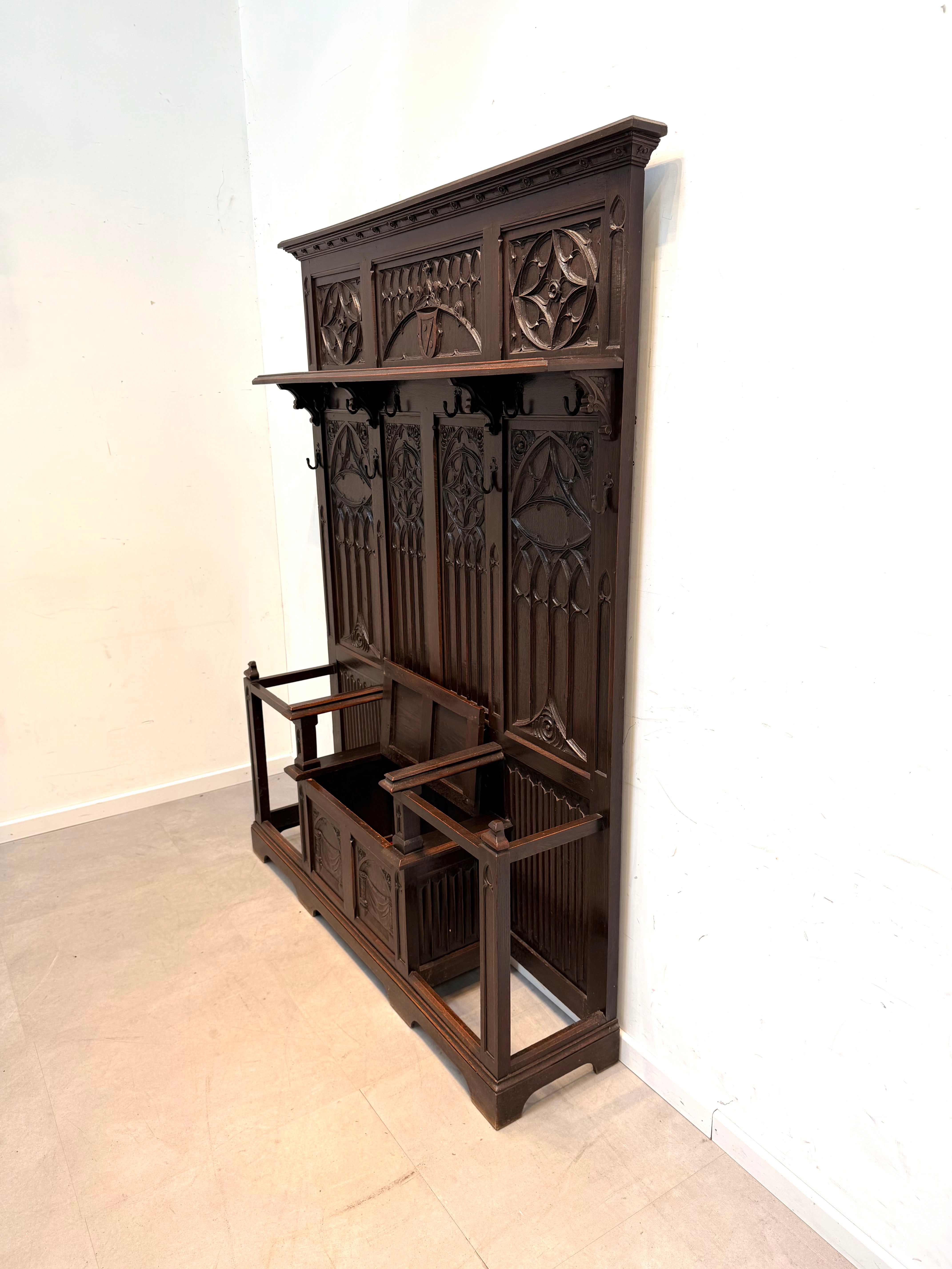 Large Antique Gothic Revival Hall Bench with Coat Rack