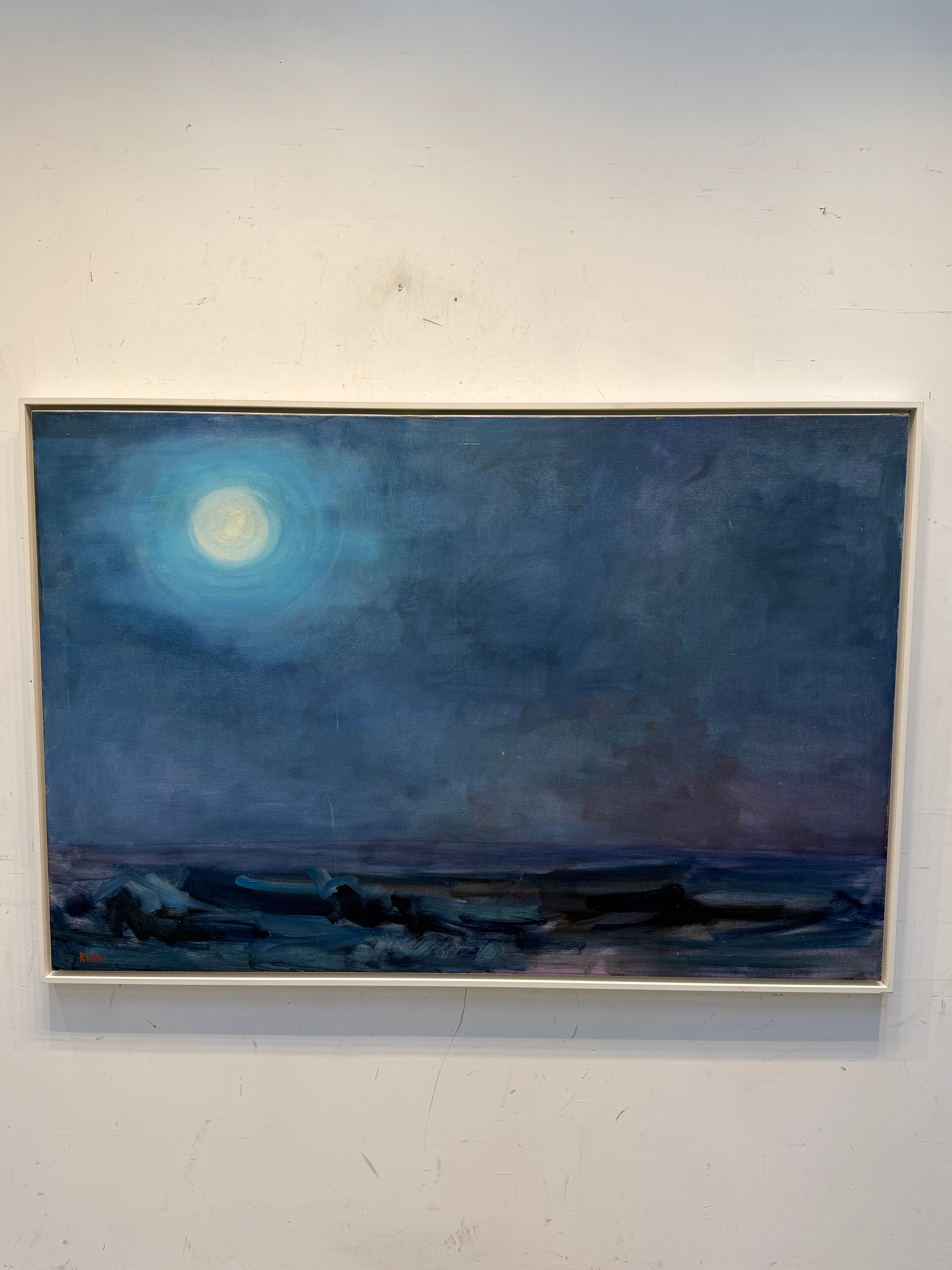 Vintage Seascape Painting by Klein – Moonlit Ocean – 1980s – Framed