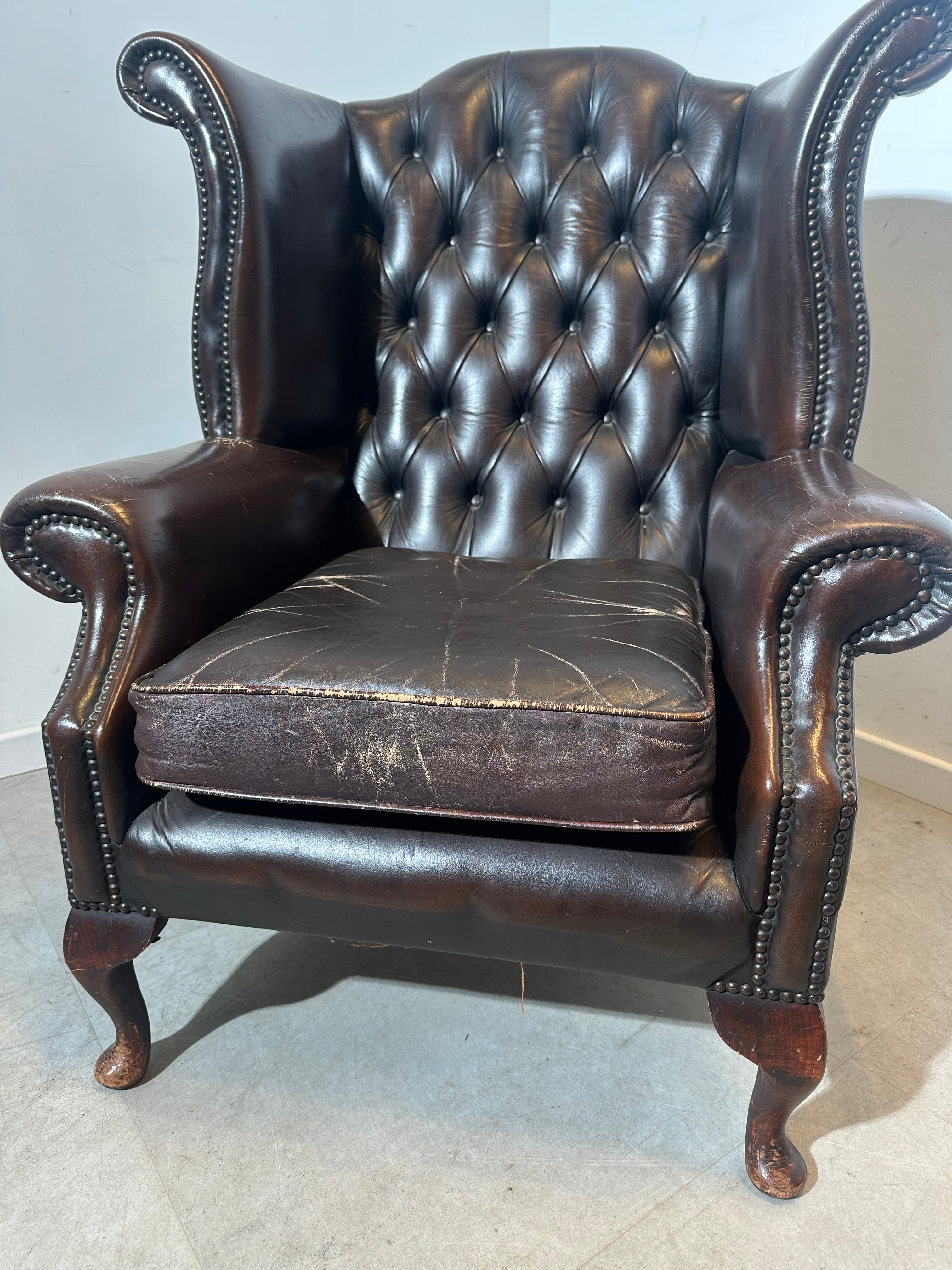 Vintage Brown Leather Wingback Armchair
