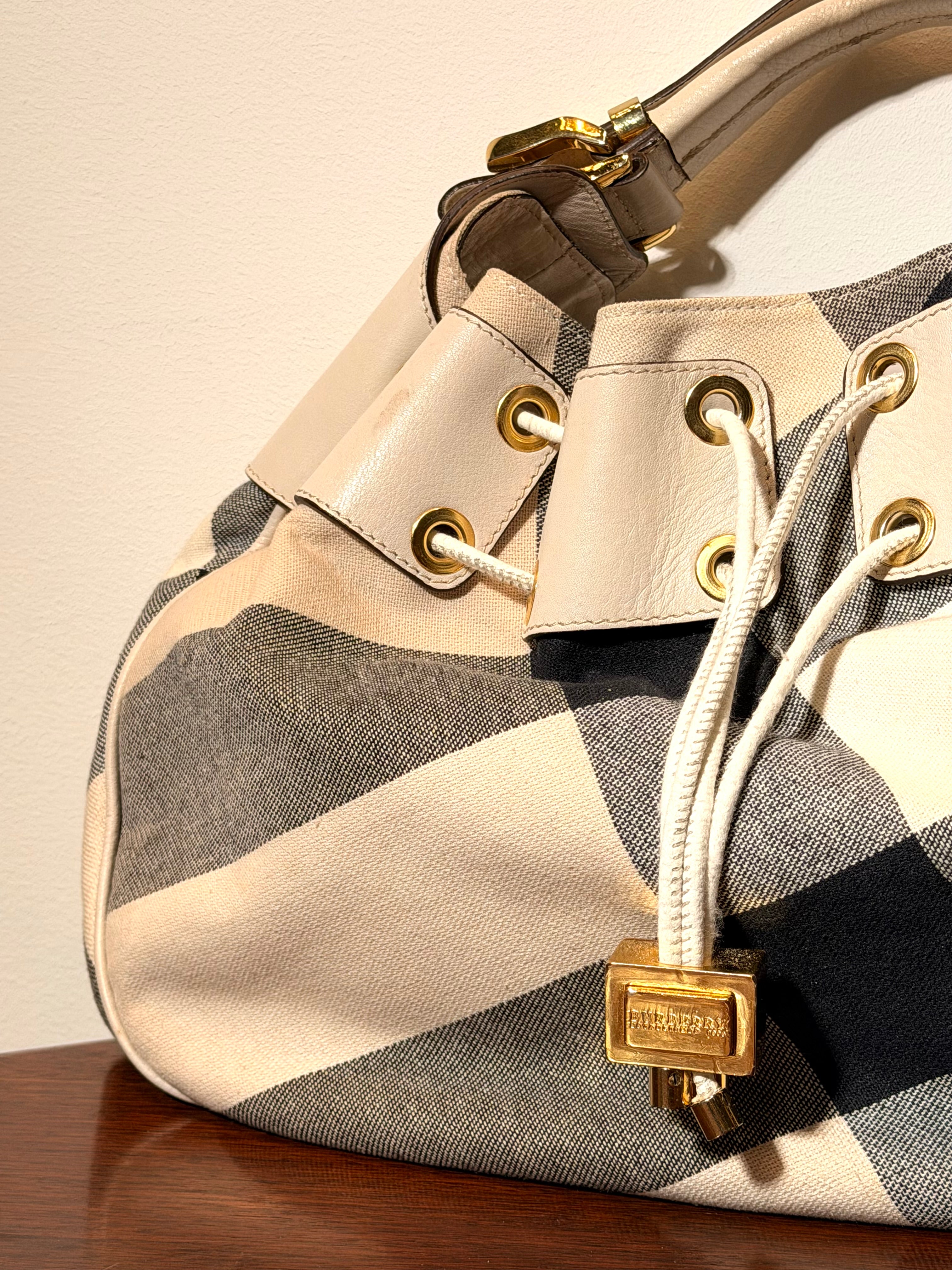 Burberry Nova Check Drawstring Hobo Bag