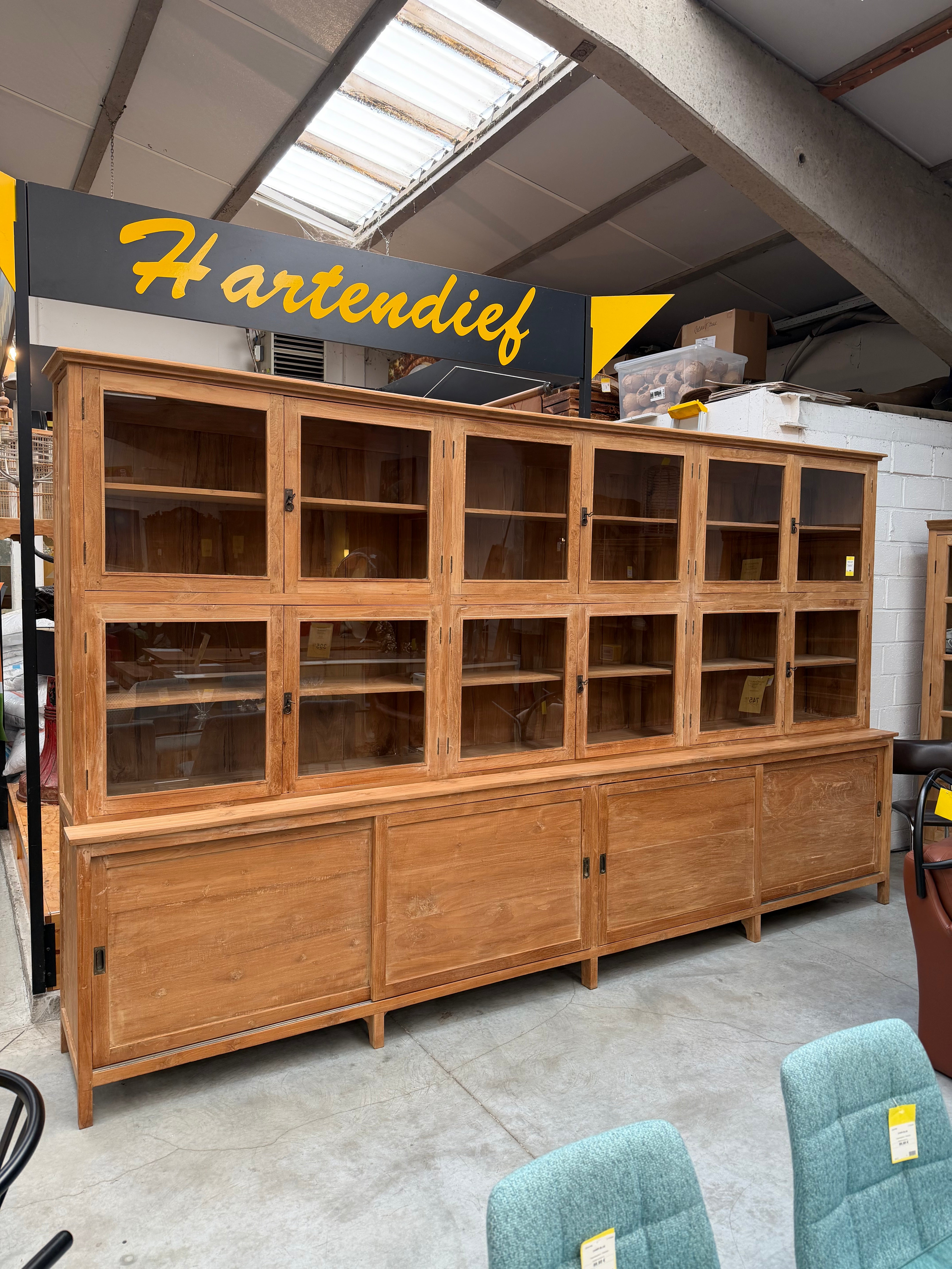 XL Massive Teakwood Display Cabinet – 405 cm – Two-Piece Library Cabinet – Glass Doors