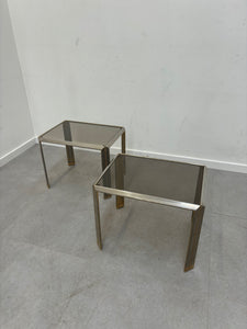 Pair sidetables brass and fume glass