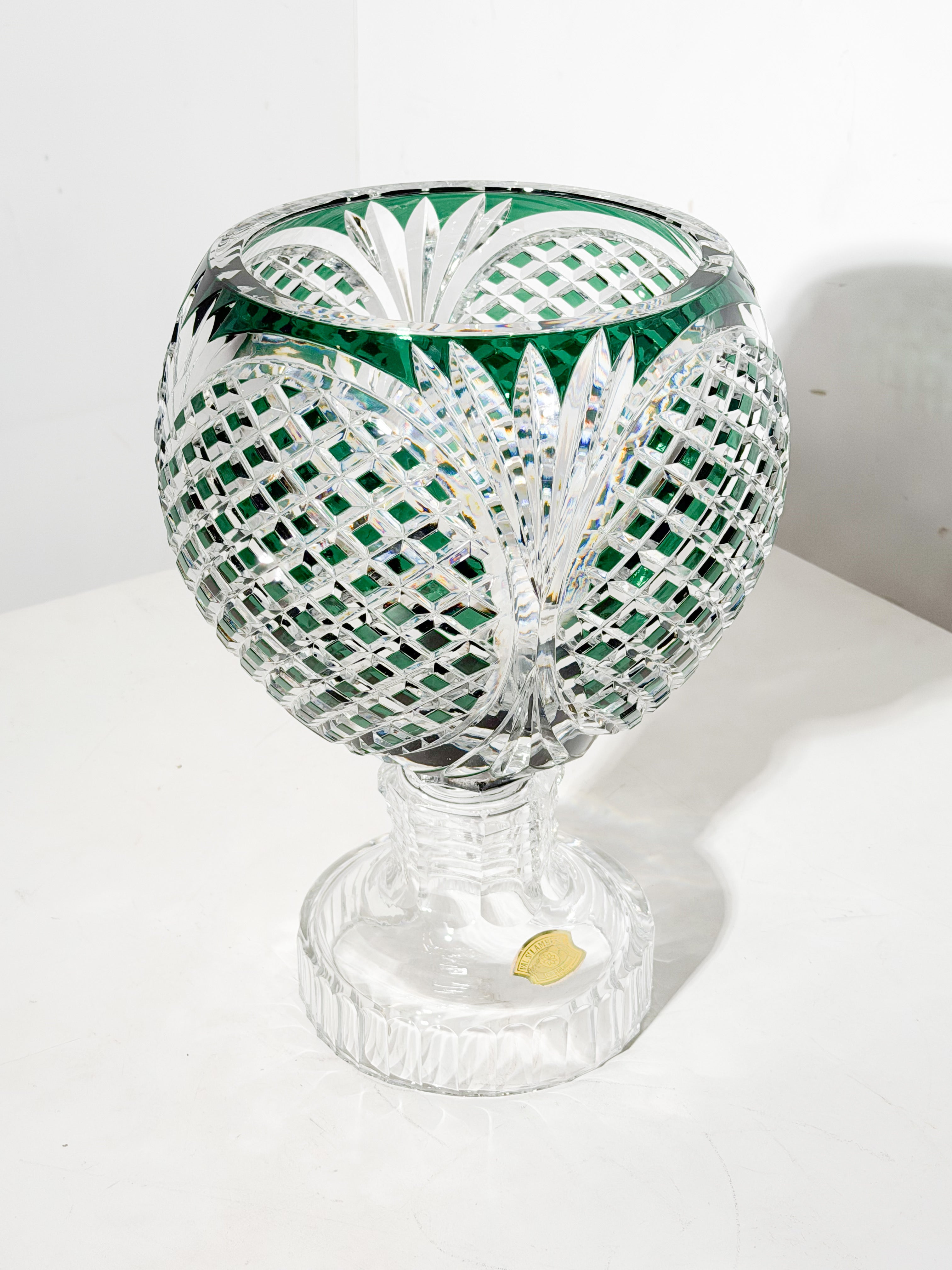 Val Saint Lambert Zorba Crystal Vase – Green Overlay Cut Crystal – H 40 cm