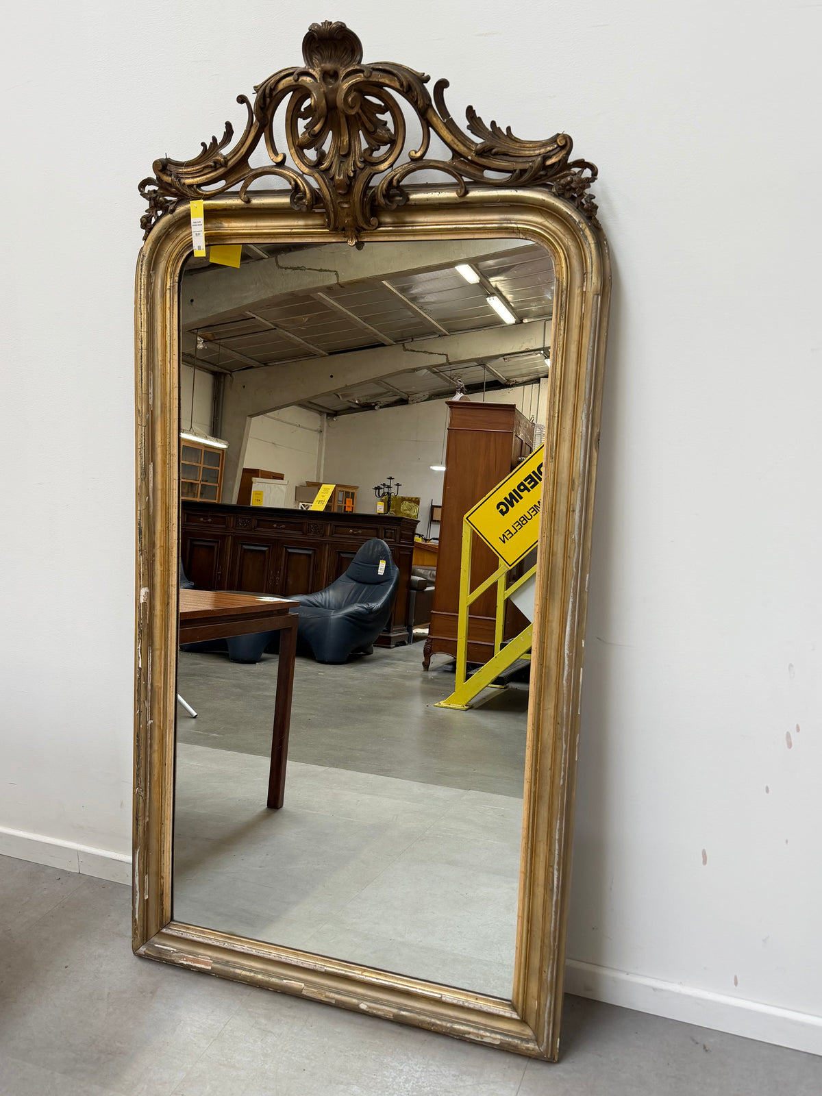 19th-Century Gilt Mirror with Ornate Crest — 192 × 100 cm