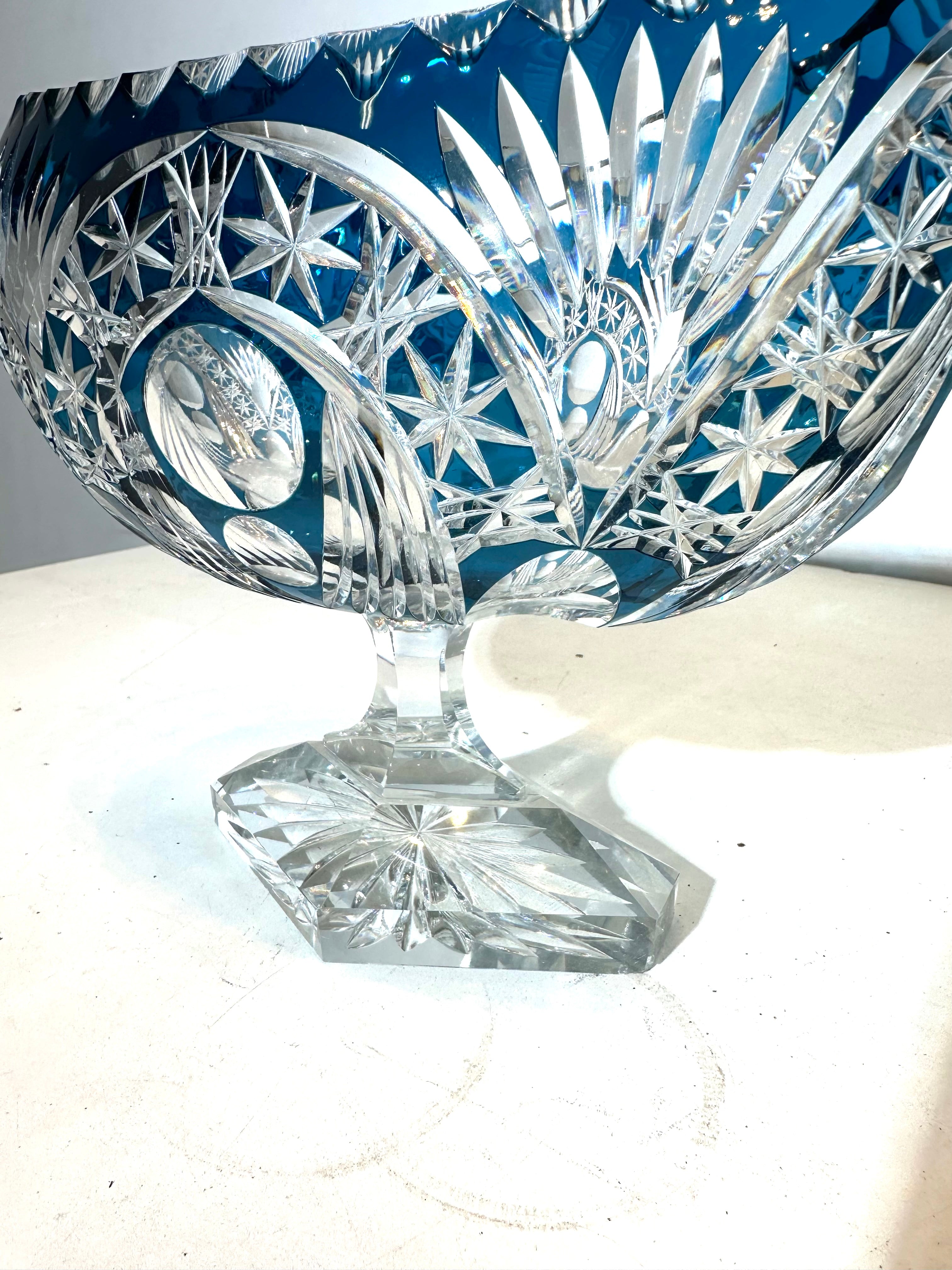 Val Saint Lambert Crystal Coupe Bowl Blue Overlay