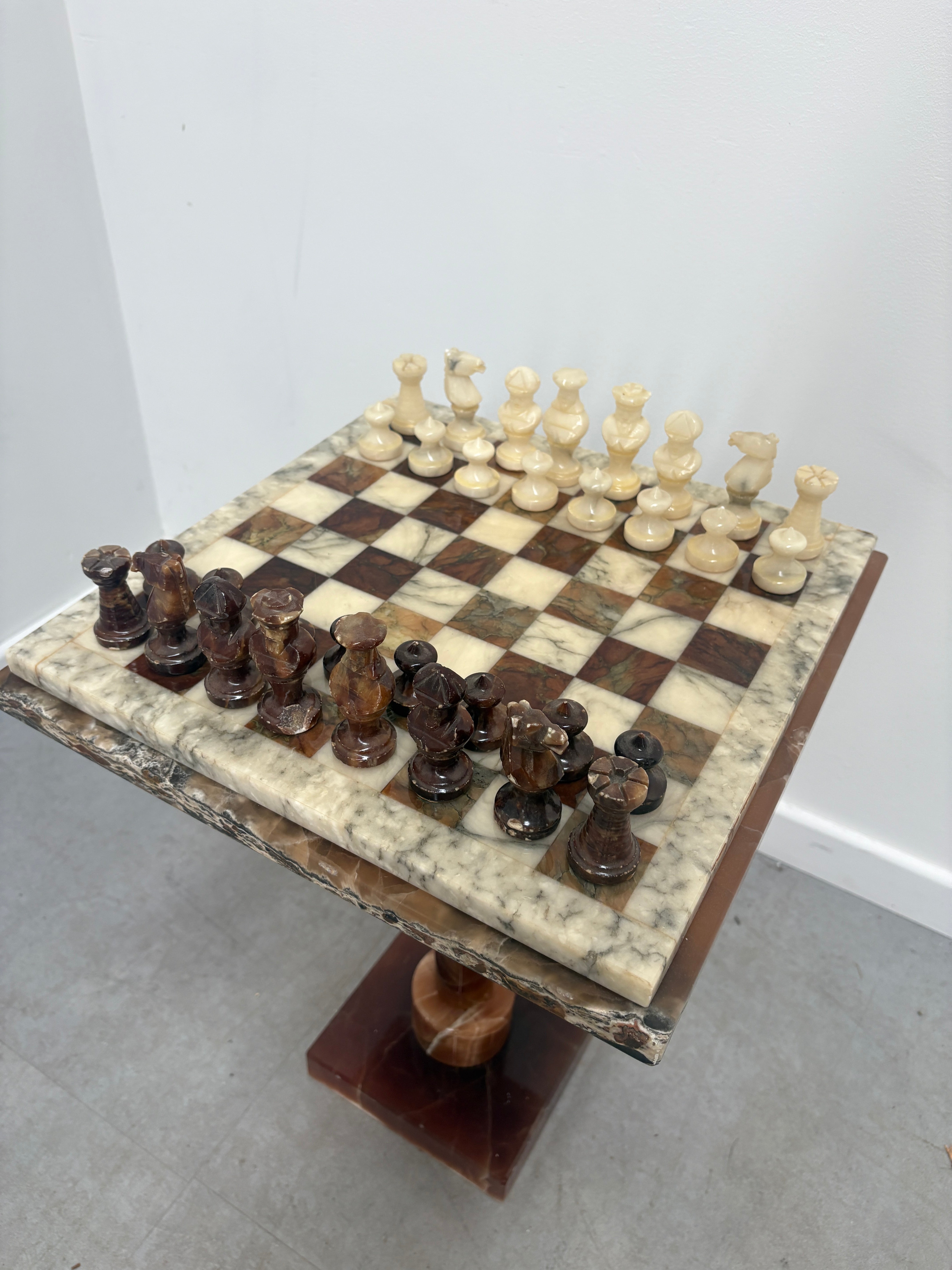 Vintage Marble Chess Set on Marble Pedestal Stand
