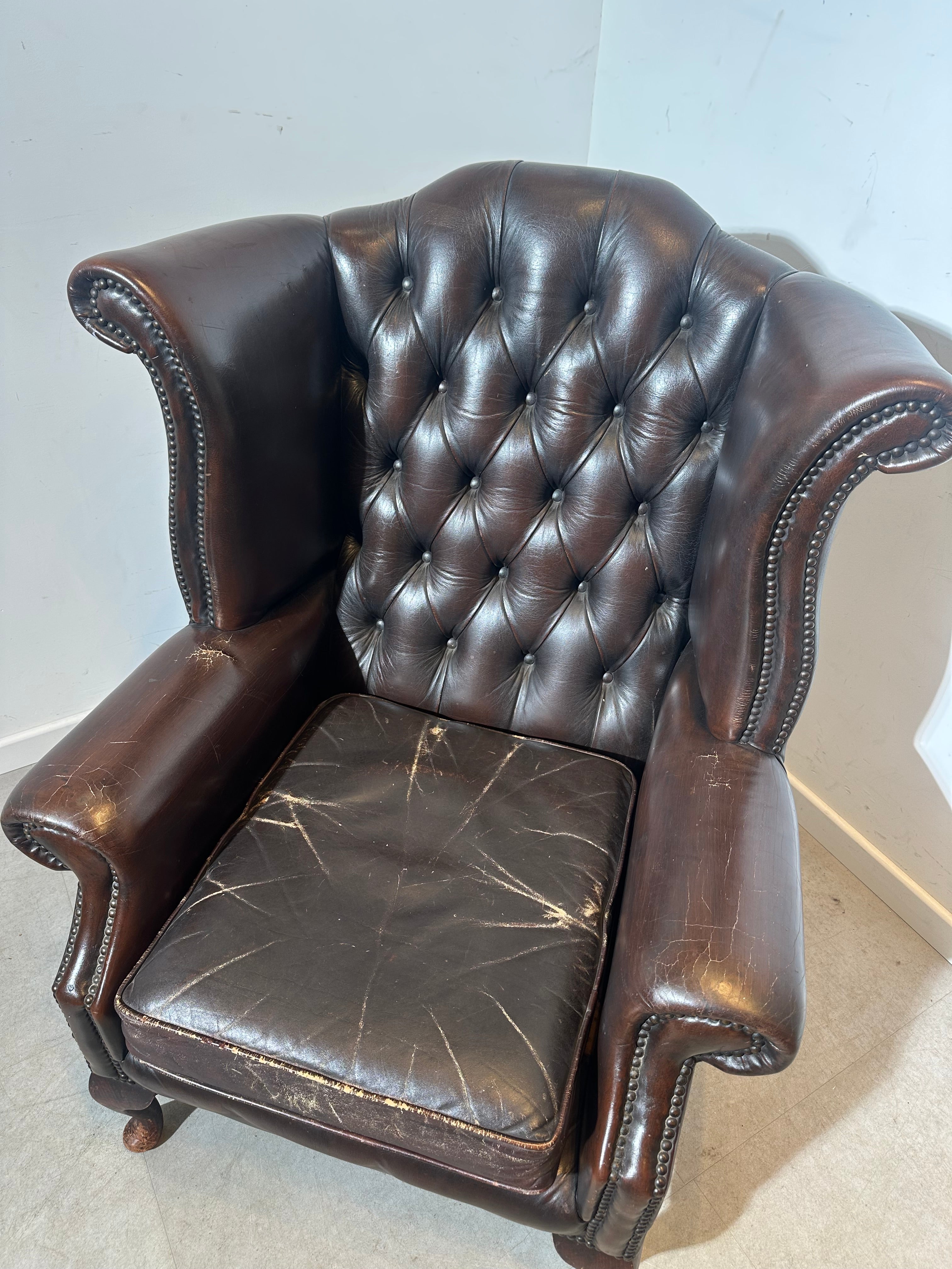 Vintage Brown Leather Wingback Armchair