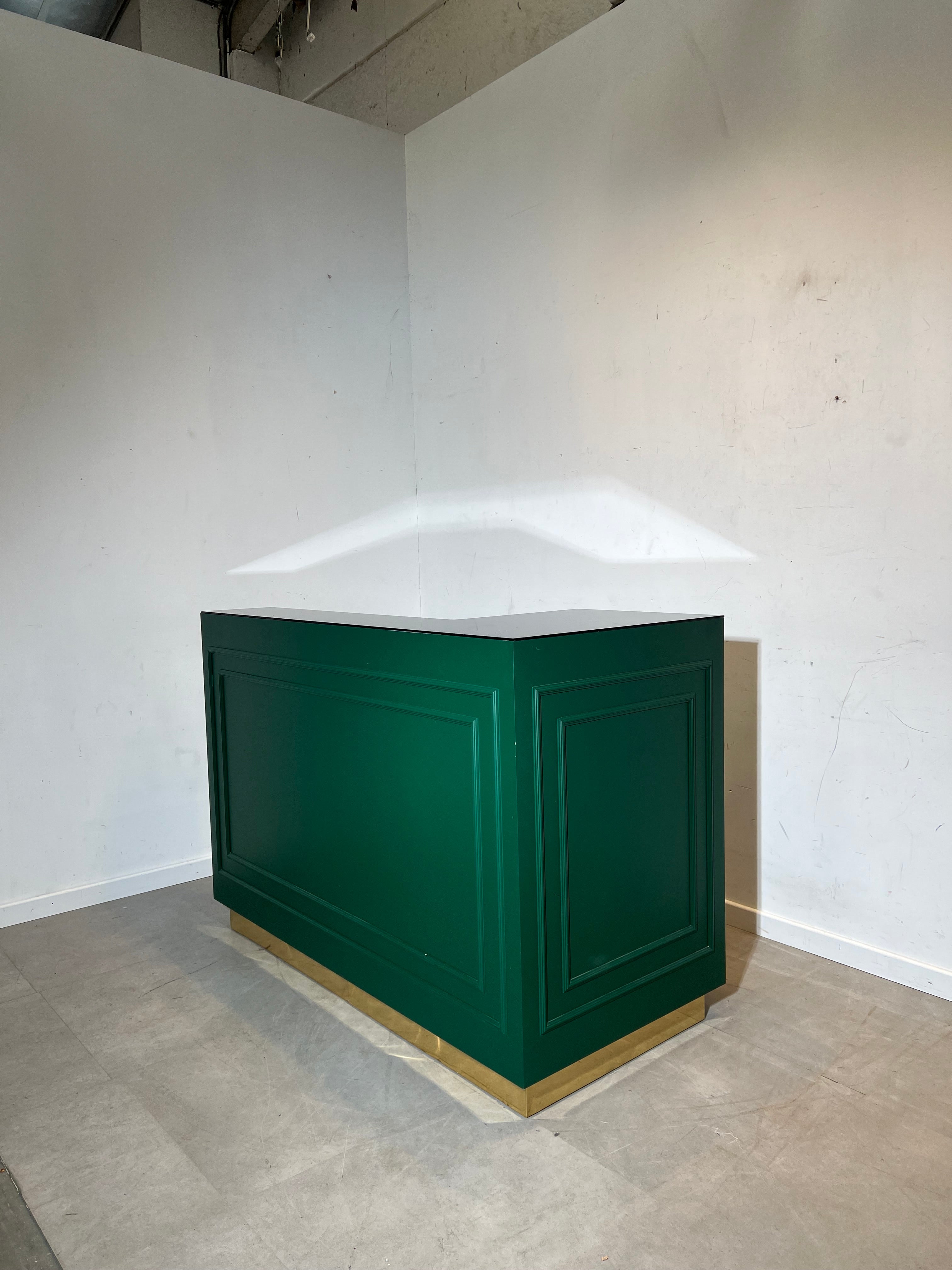 Luxury Green Cashier Counter with Brass Plinth & Glass Top – Retail Desk / Shop Counter