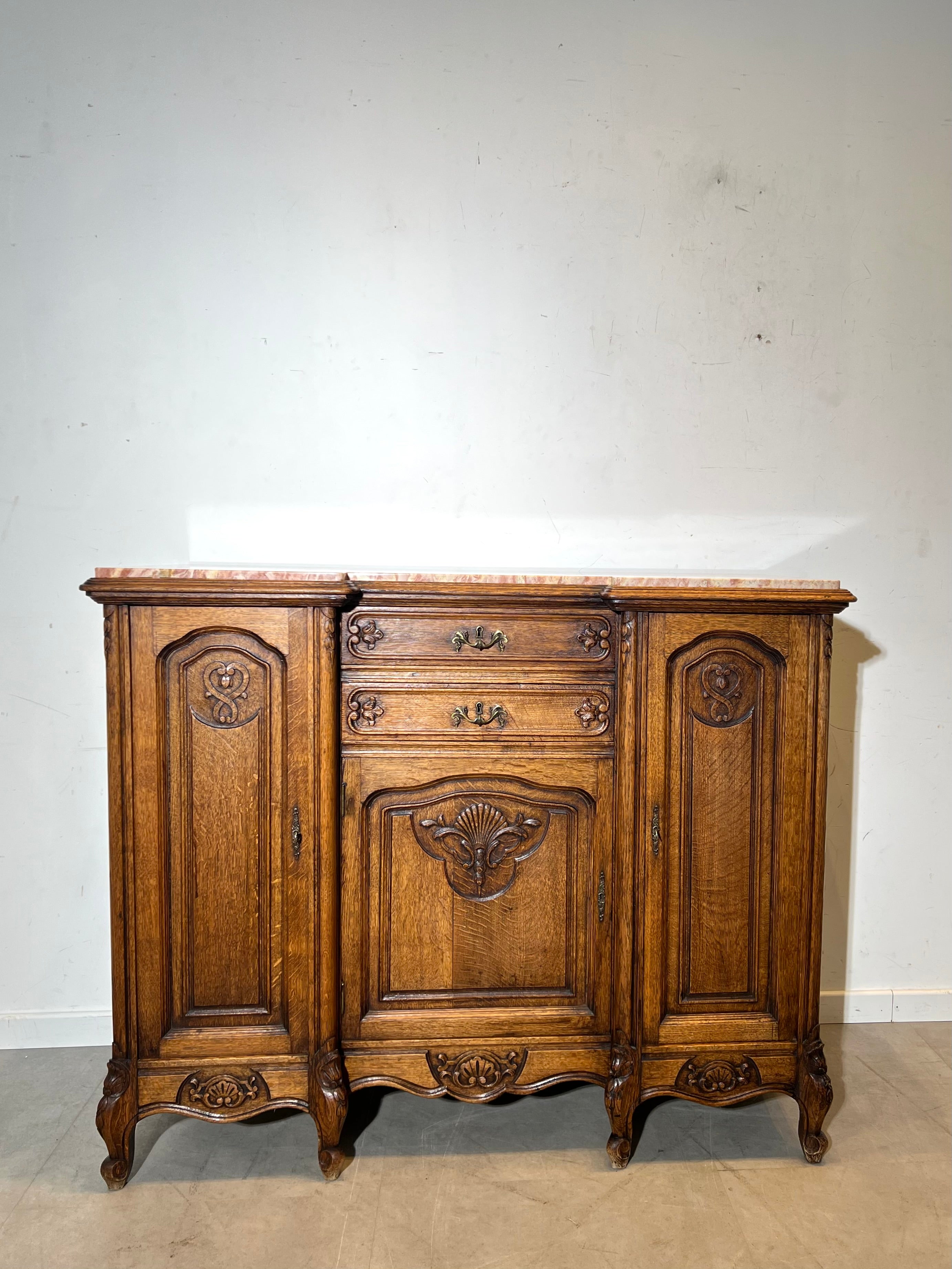 Antique Louis XV Style Oak Sideboard with Marble Top