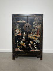 Chinese Oriental Side Cabinet with Hand-Painted Lacquer Decoration