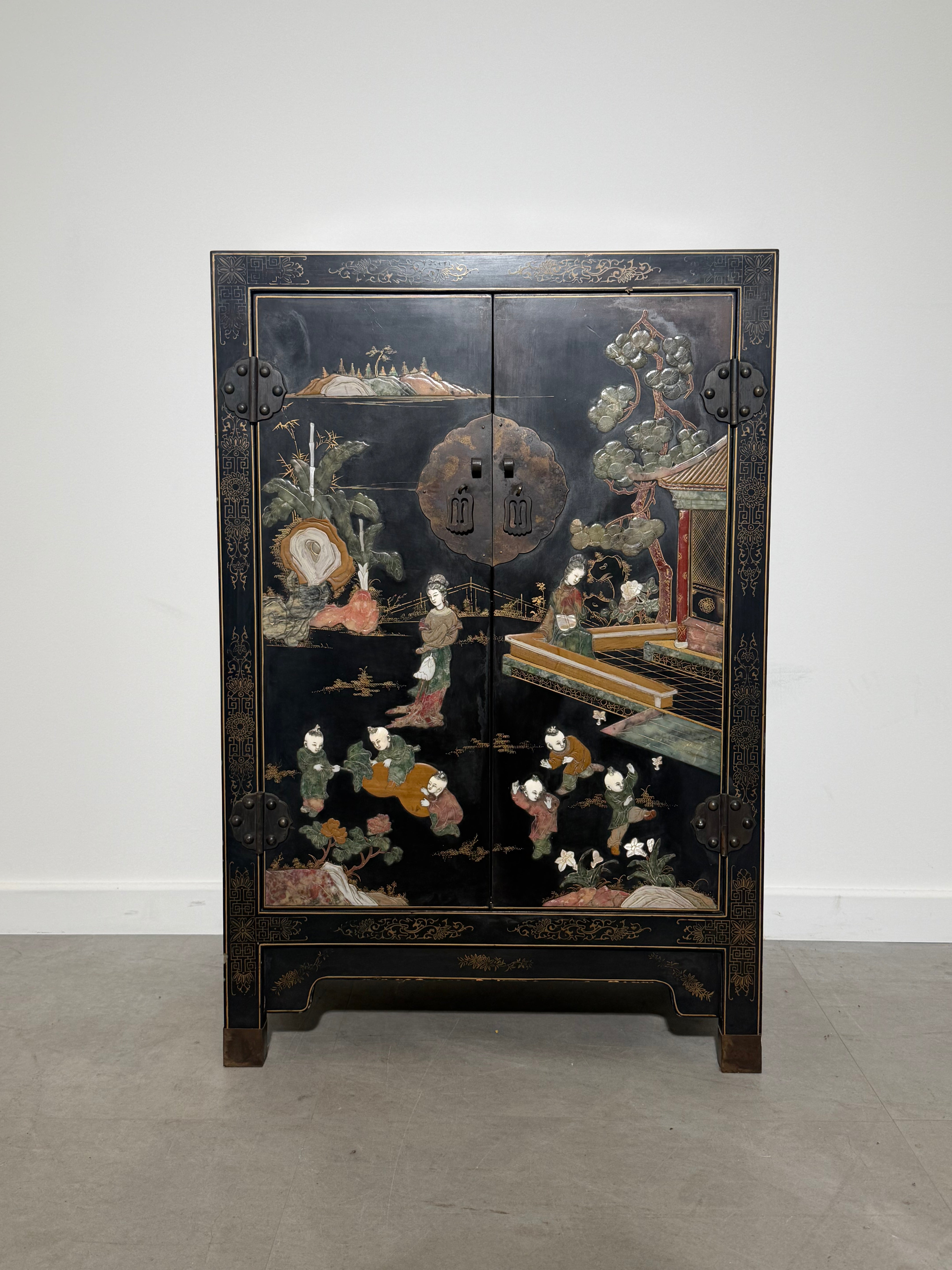 Chinese Oriental Side Cabinet with Hand-Painted Lacquer Decoration