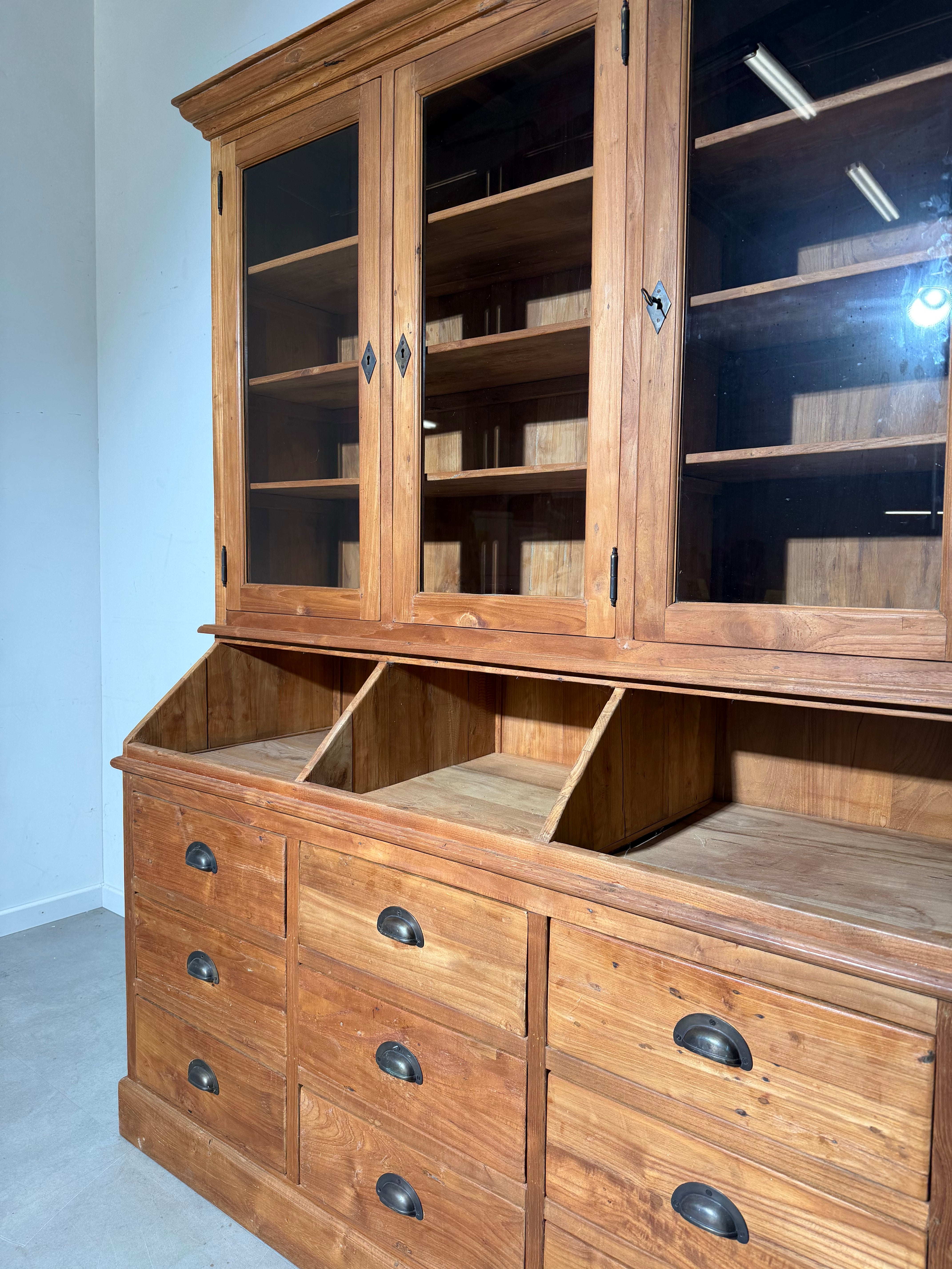 Teak Display Cabinet with Drawers and Glass Doors