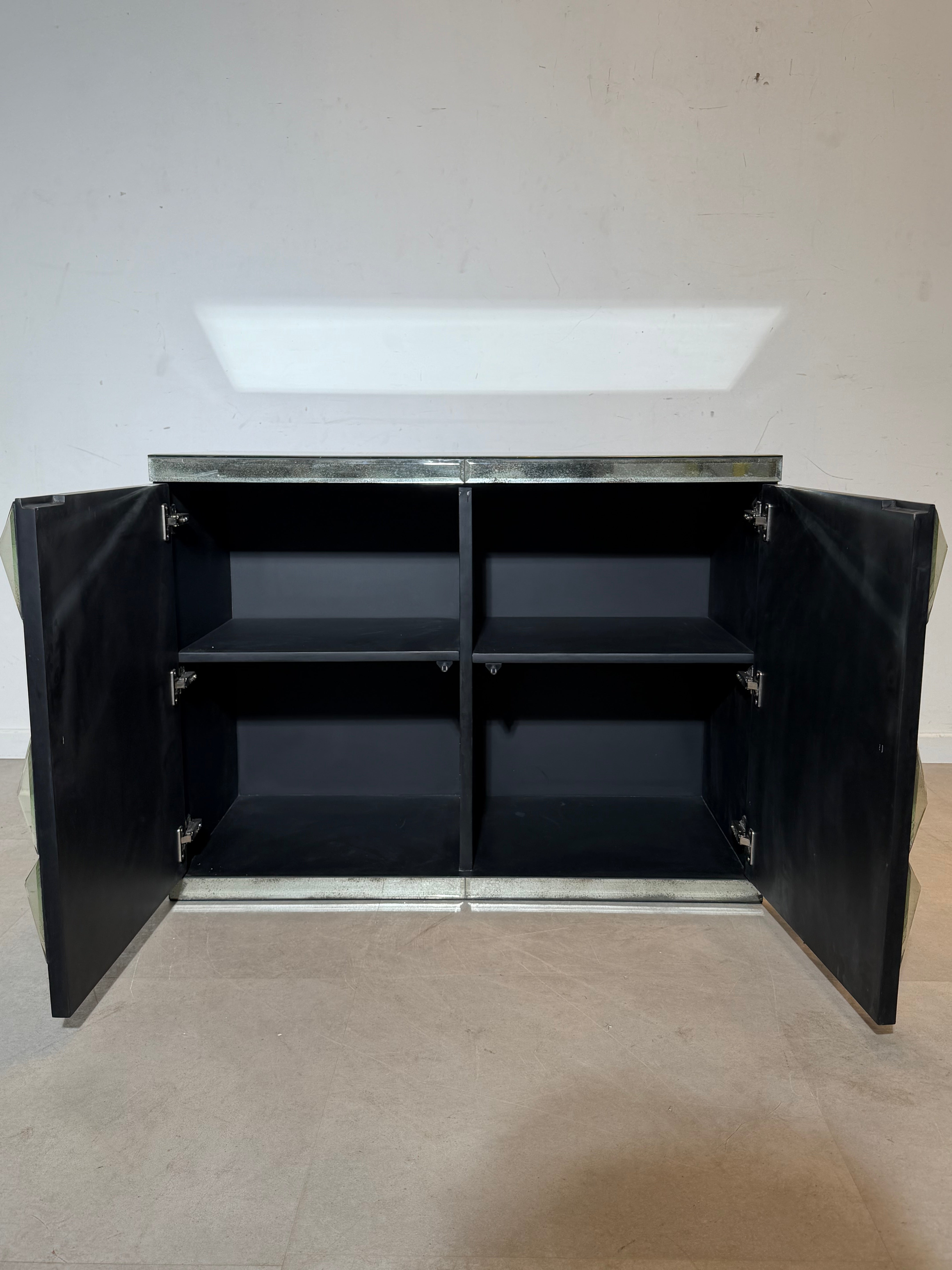 Vintage Faceted Mirrored Cabinet / Sideboard – Geometric Glass Doors – 105 cm