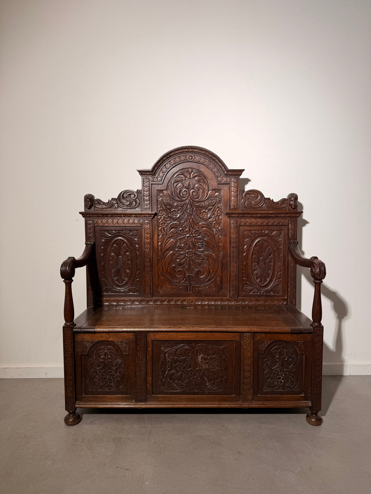 Antique Carved Oak Hall Bench with Storage