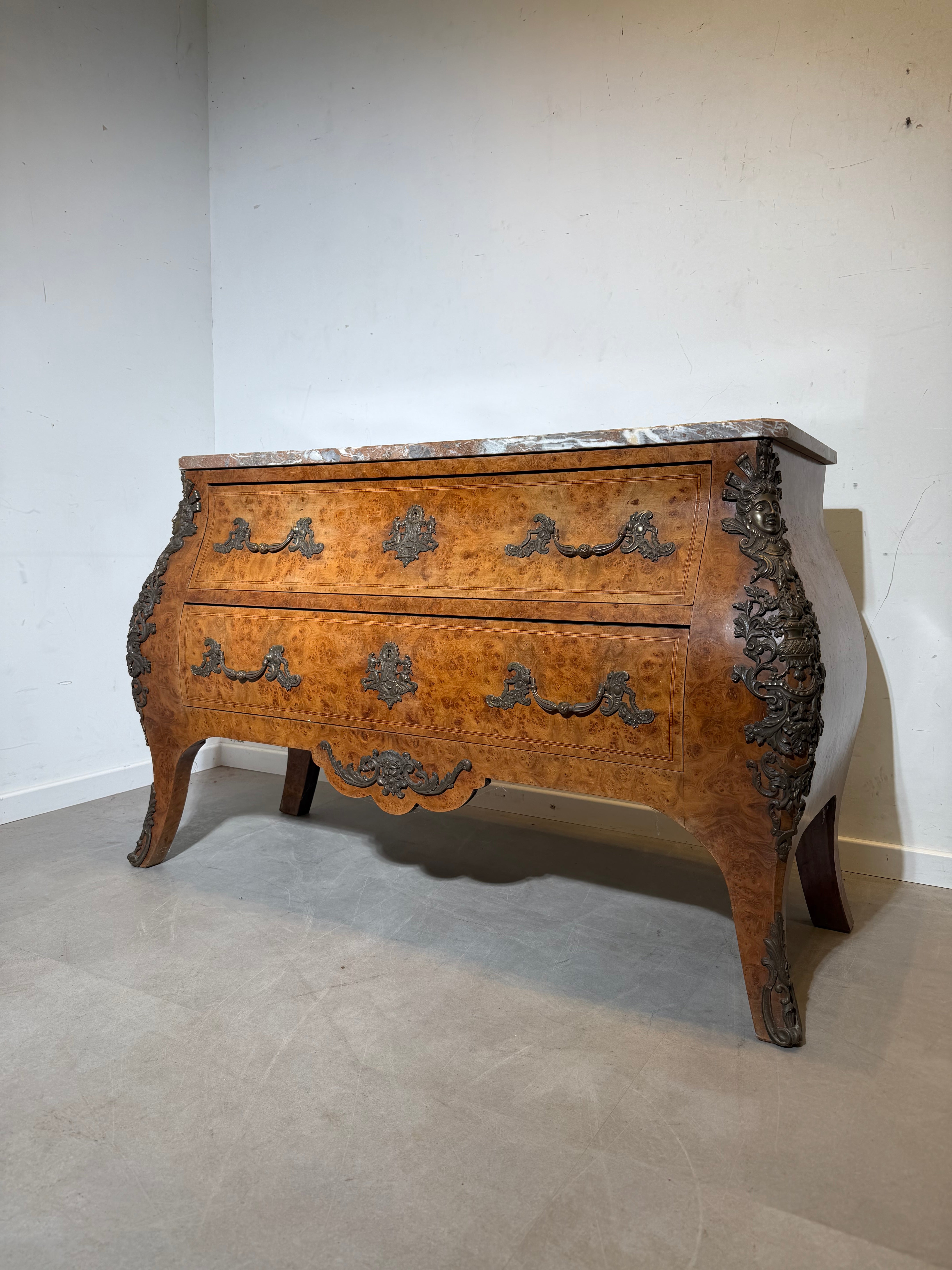 Antique 19th Century Burlwood Chest of Drawers with Marble Top – French