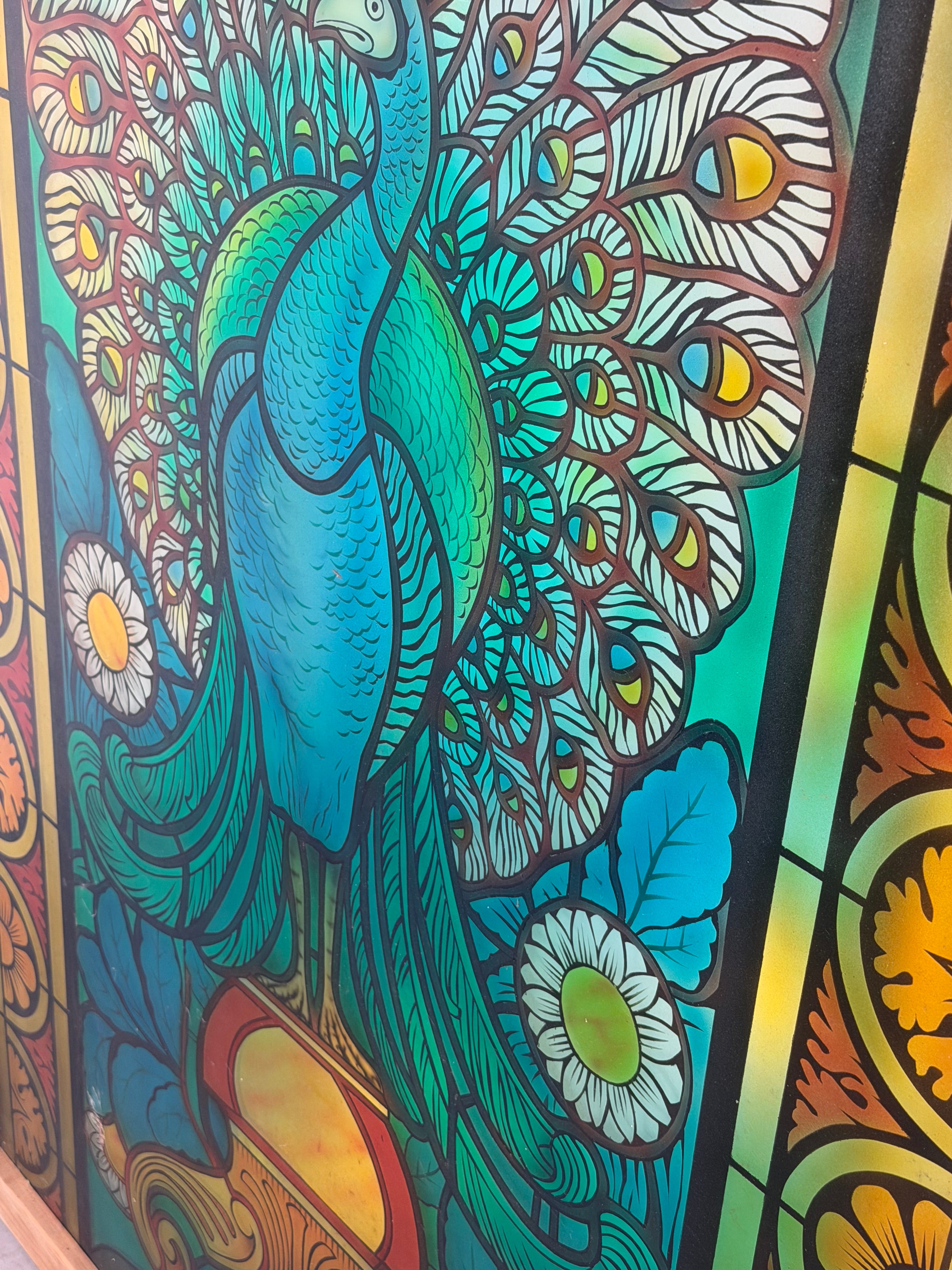Large Decorative Stained Glass Peacock Panel