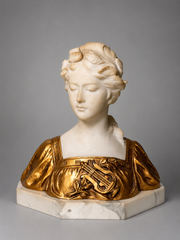 Antique Art Deco Marble Bust of a Young Woman with Gilt Metal Dress – Signed