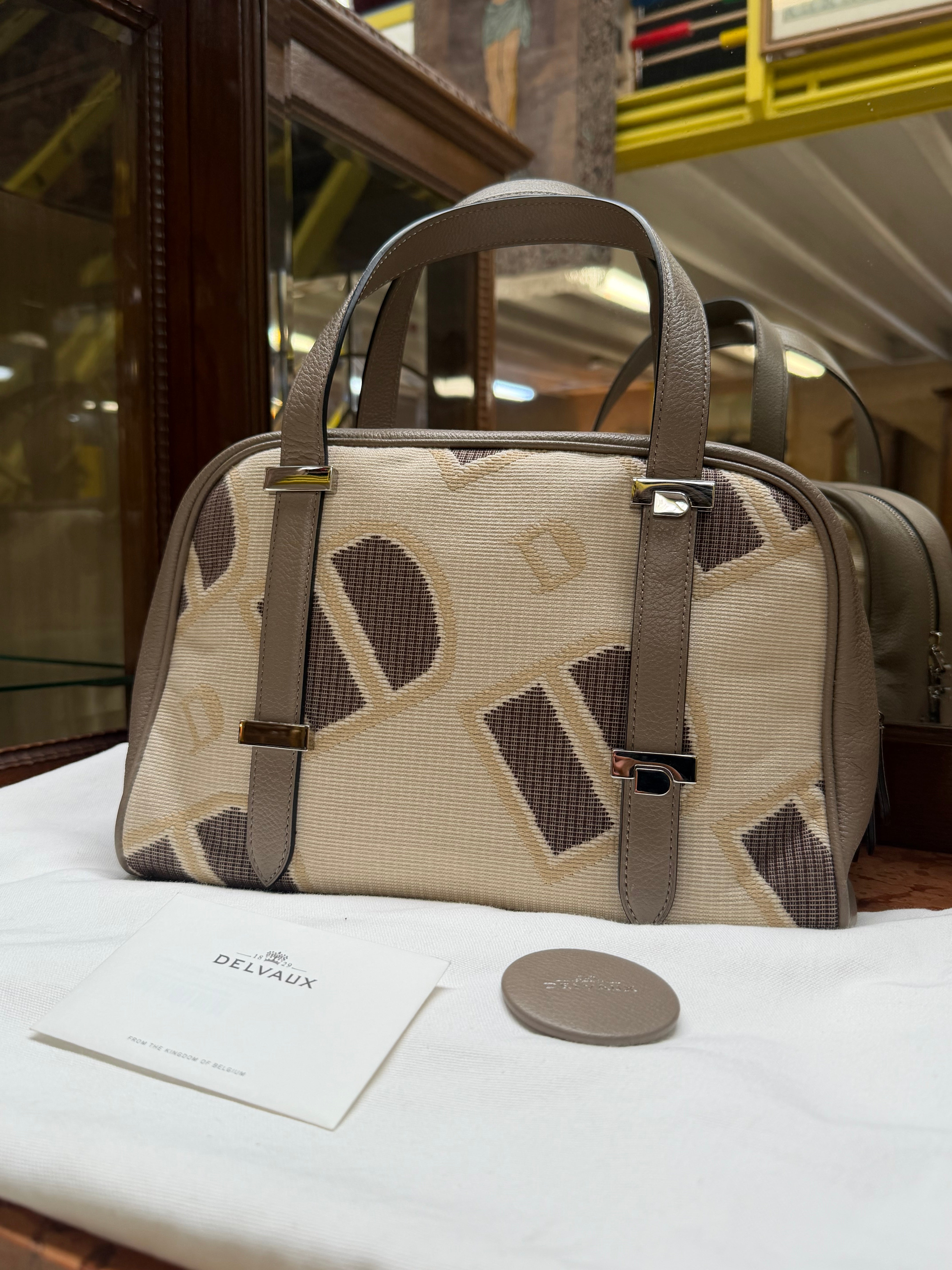 Delvaux Carry-All Mini Toile Logotypée D Travel Tourterelle – New with Certificate, Dust Bag & Mirror