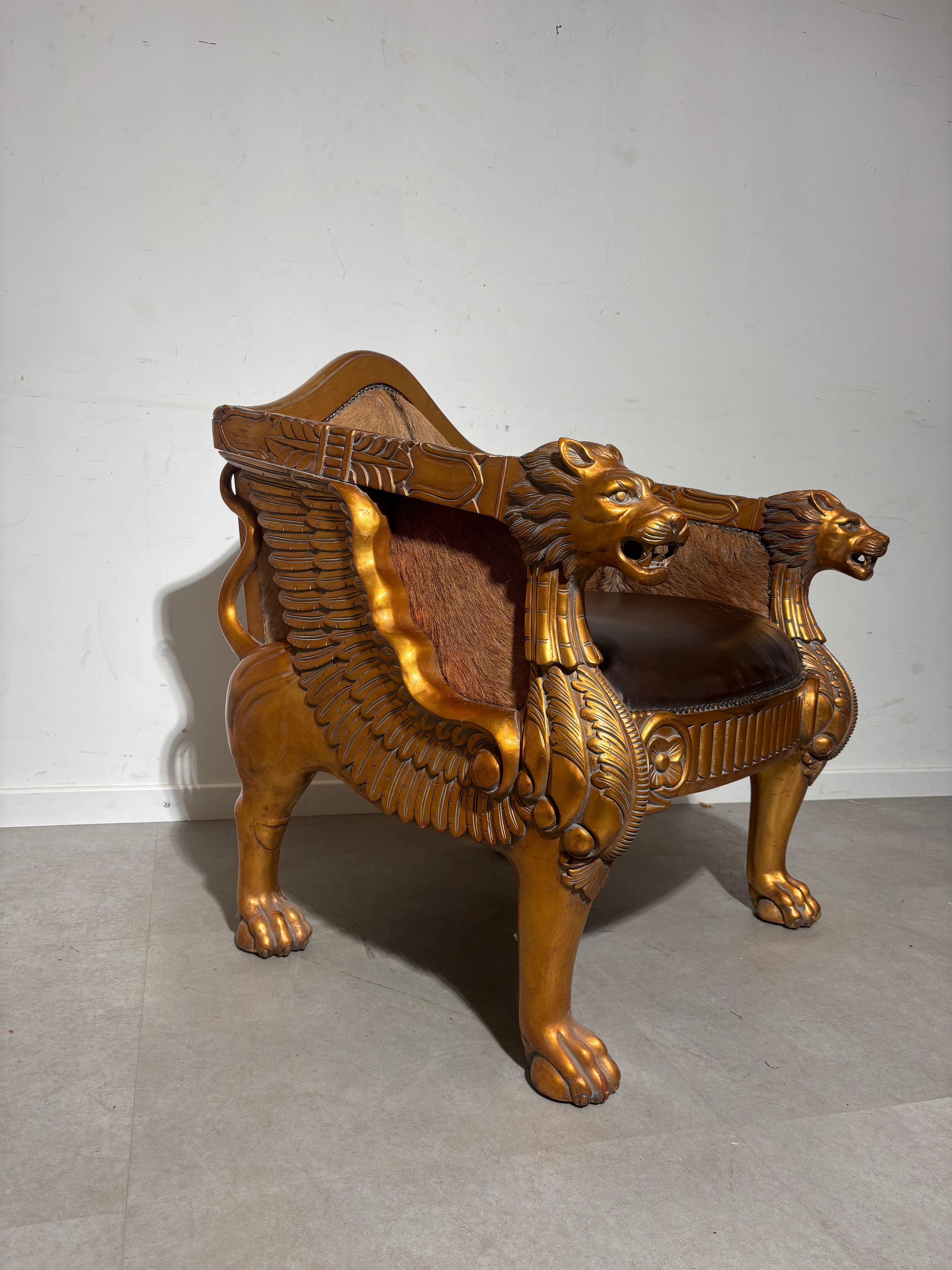 Regal Lion Throne Armchair – Cowhide & Gilded Detail