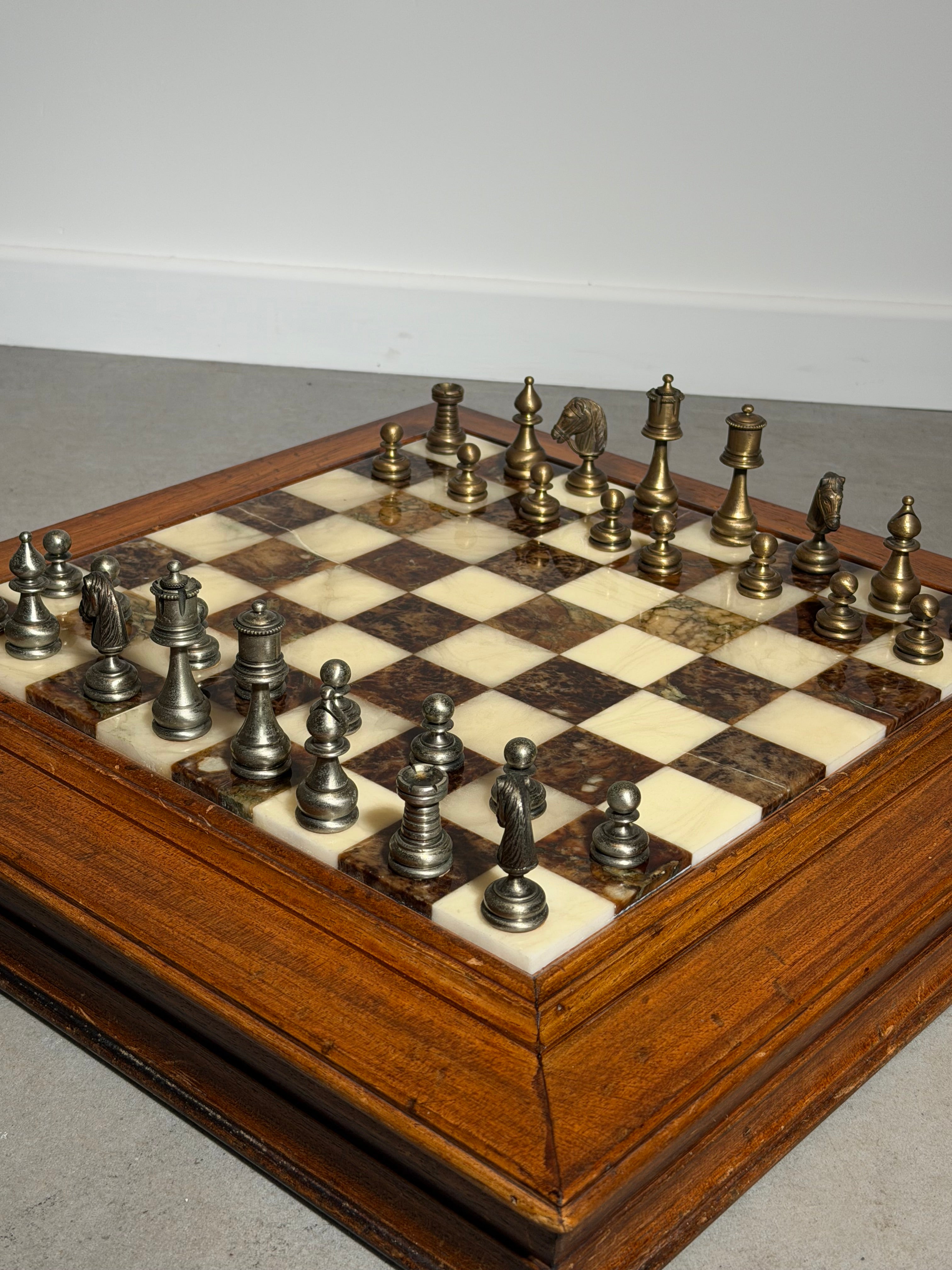 Vintage Marble Chess Set with Metal Pieces & Hidden Storage