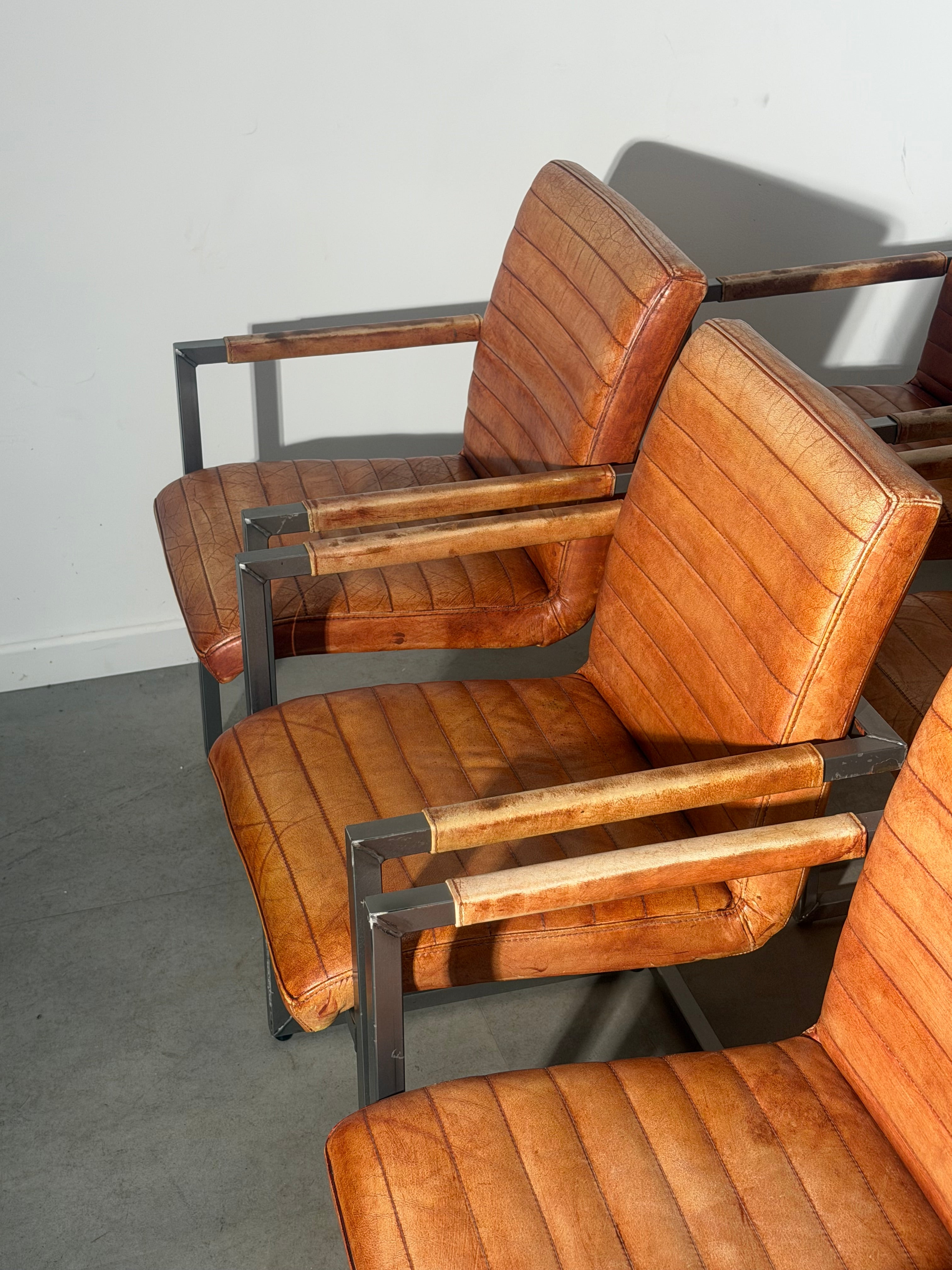 Set of 6 Vintage Cognac Leather Cantilever Armchairs