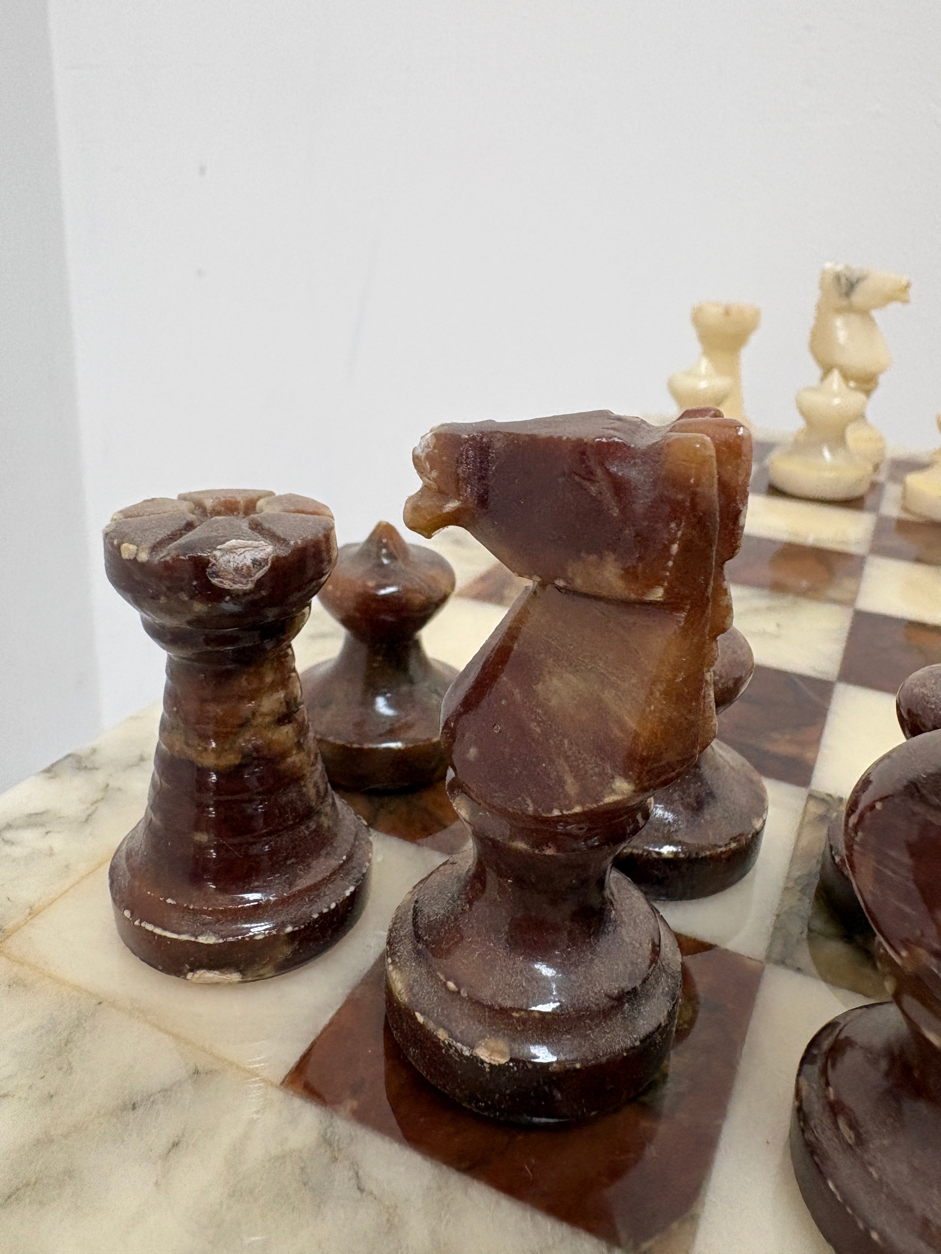 Vintage Marble Chess Set on Marble Pedestal Stand
