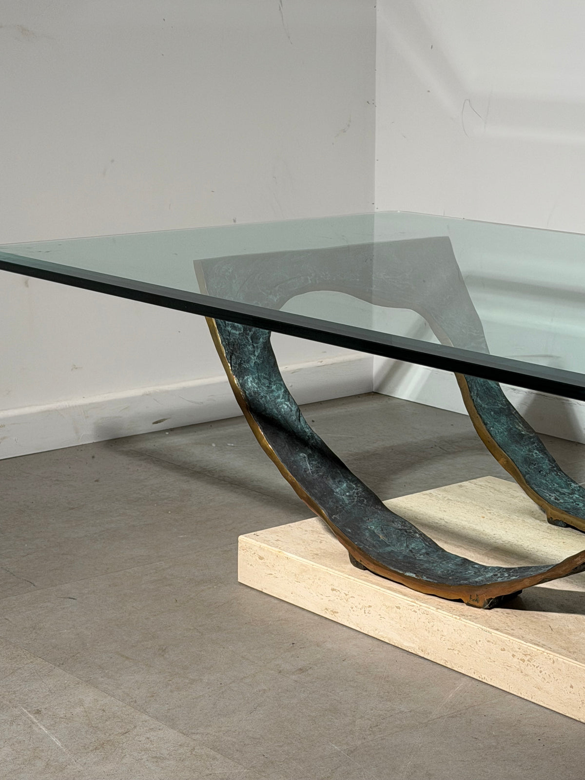 Brutalist Coffee Table in Bronze, Travertine & Glass — 130 cm