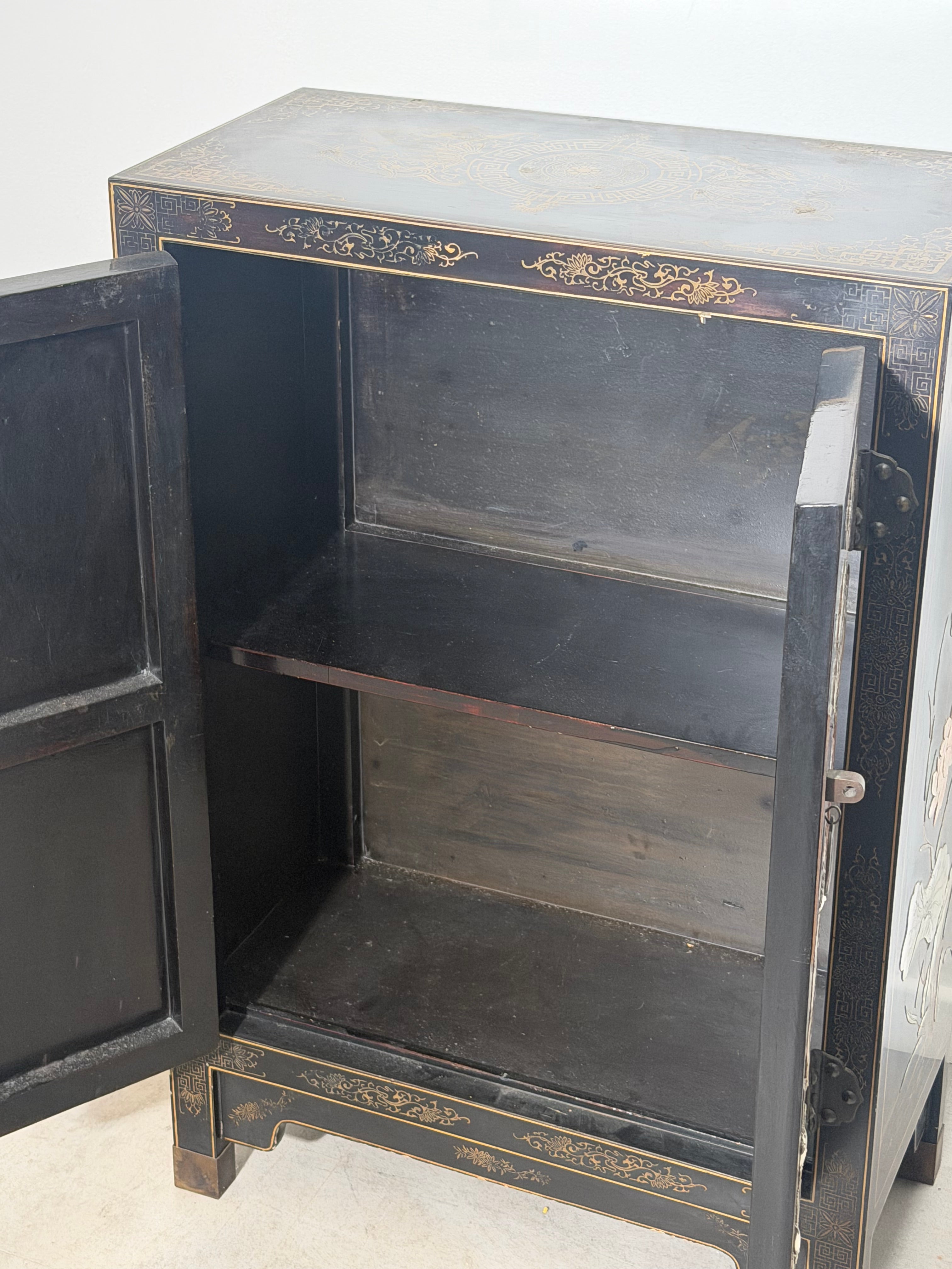 Chinese Oriental Side Cabinet with Hand-Painted Lacquer Decoration