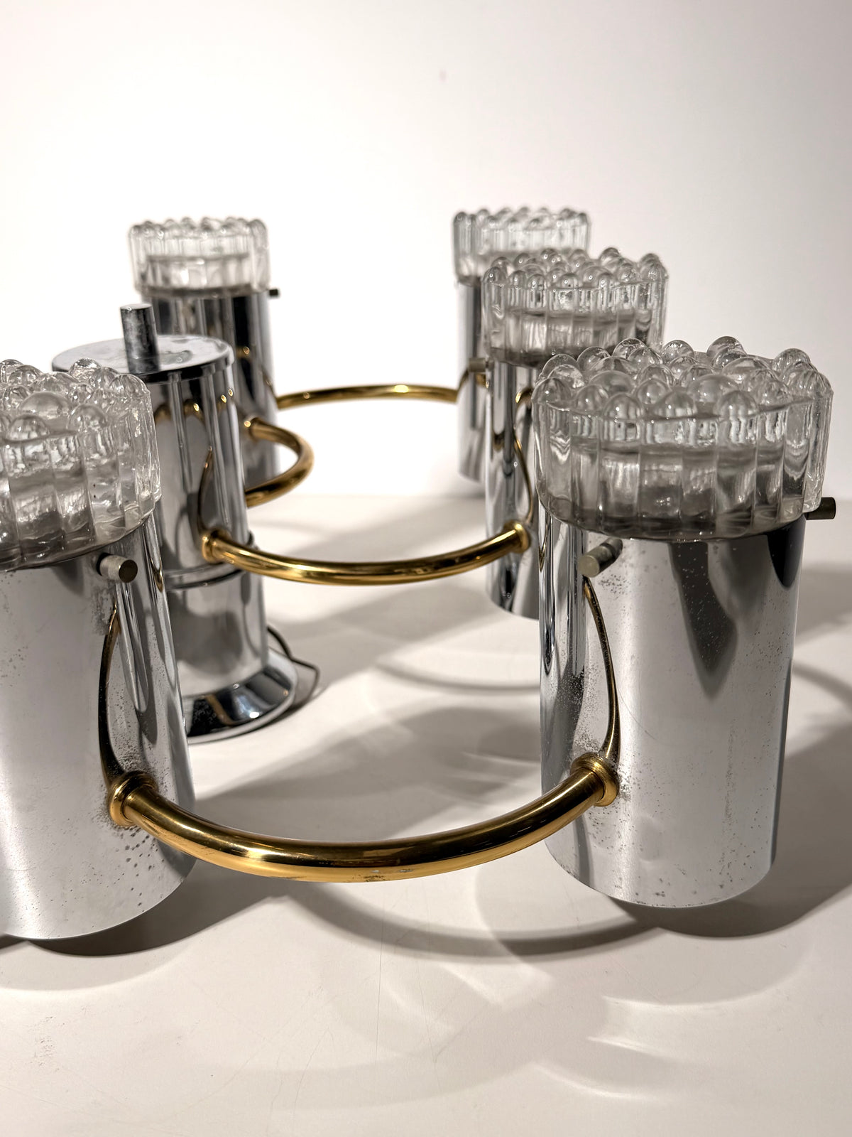 Vintage German Space Age 8-Light Chrome & Brass Chandelier – 1970s