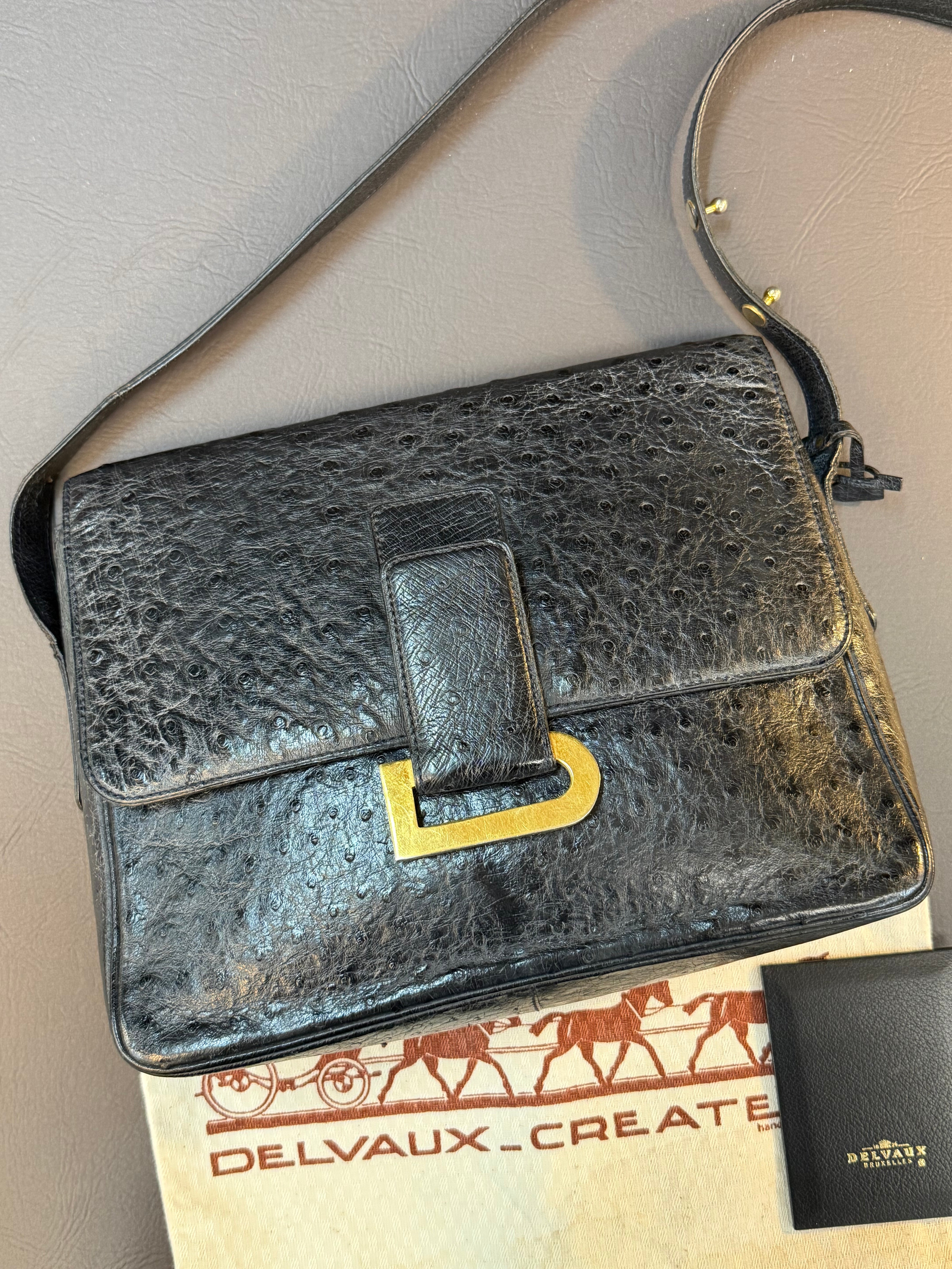 Delvaux Poirier Crossbody Bag – Ostrich Leather – Black – 26 x 20 cm
