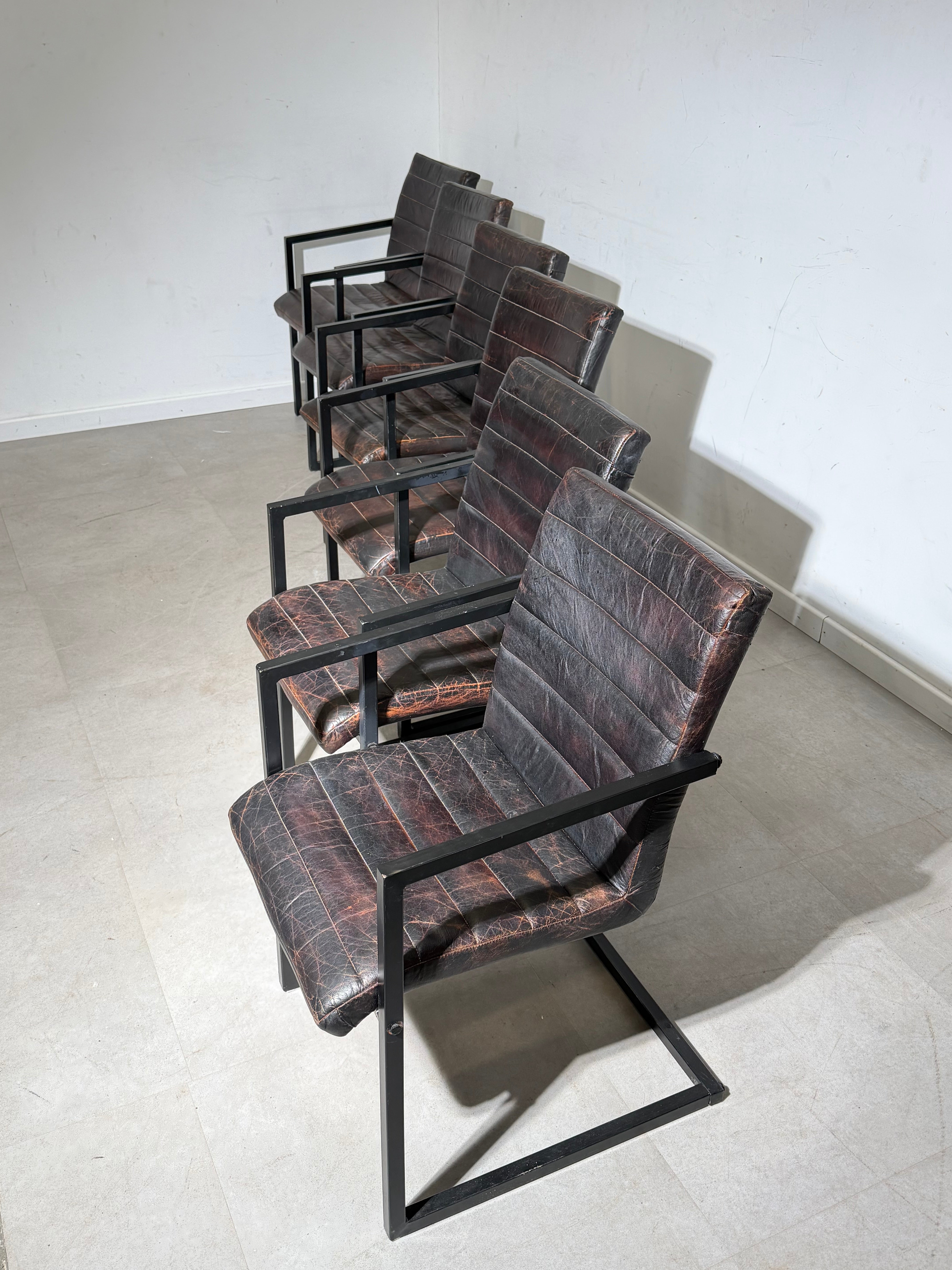 Set of 6 Industrial Dining Chairs Patinated Leather – Black Metal Armchairs