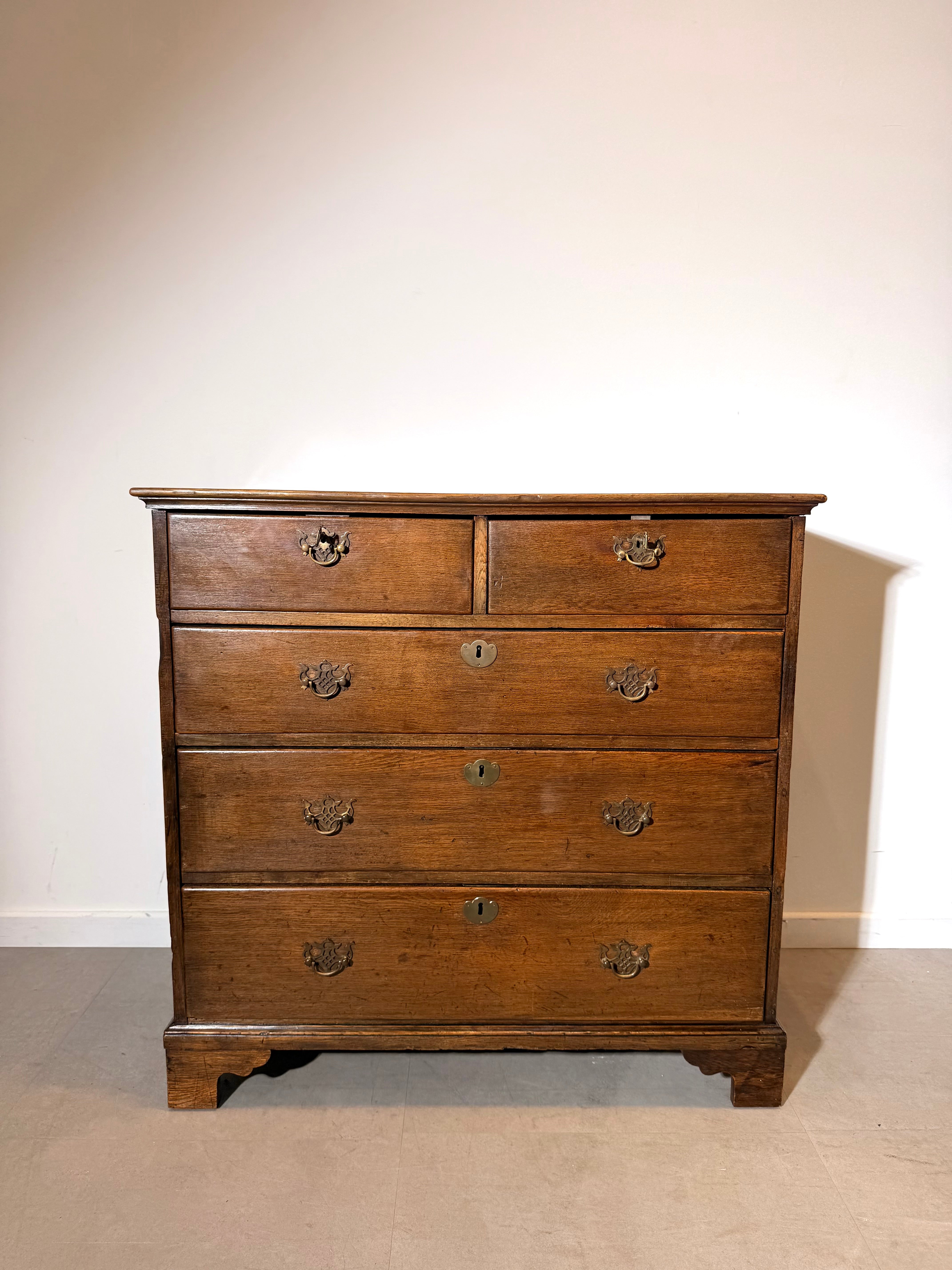 Antique English Oak Chest of Drawers with Brass Hardware