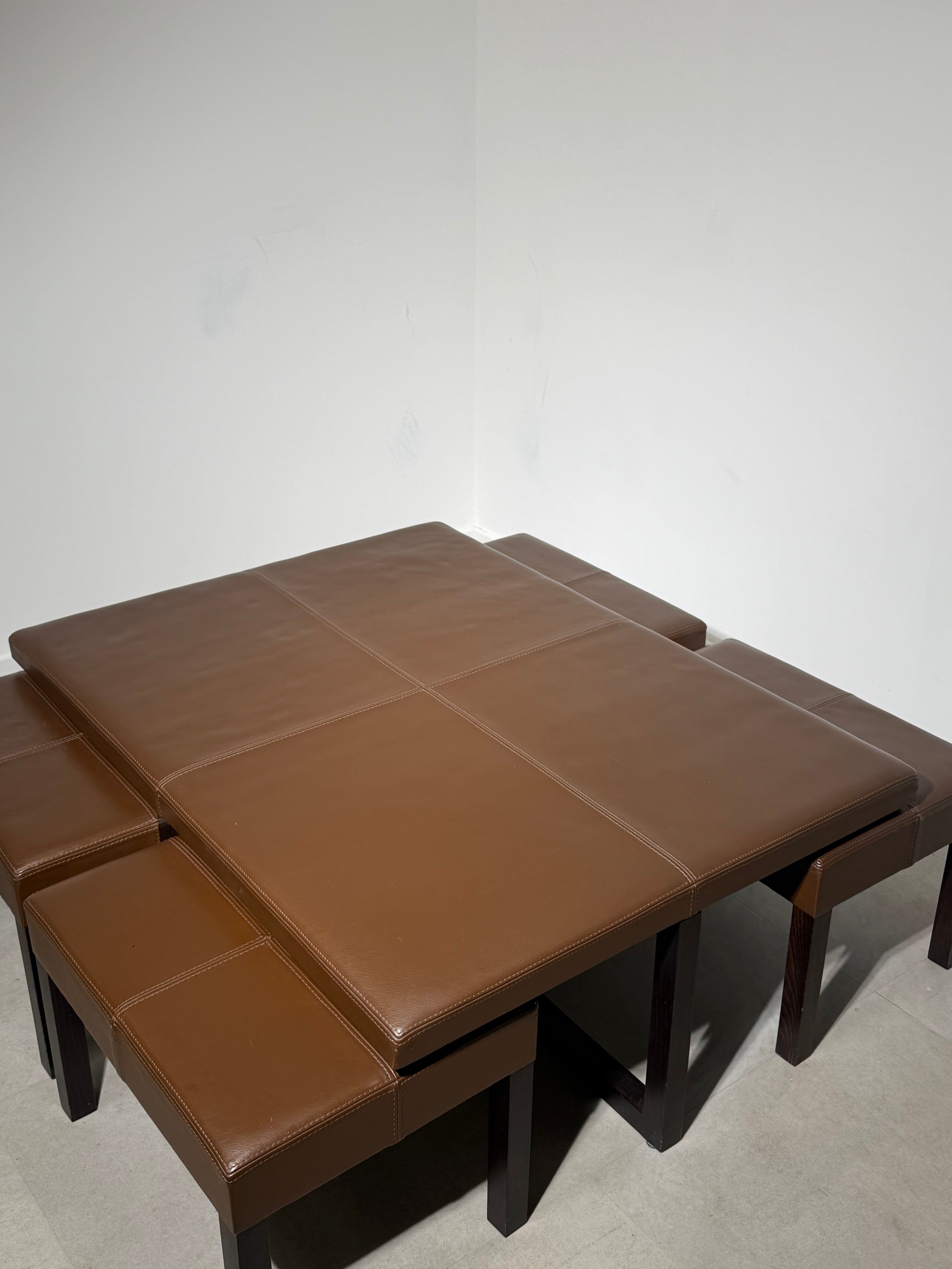 Contemporary Leather Coffee Table with Four Nesting Stools