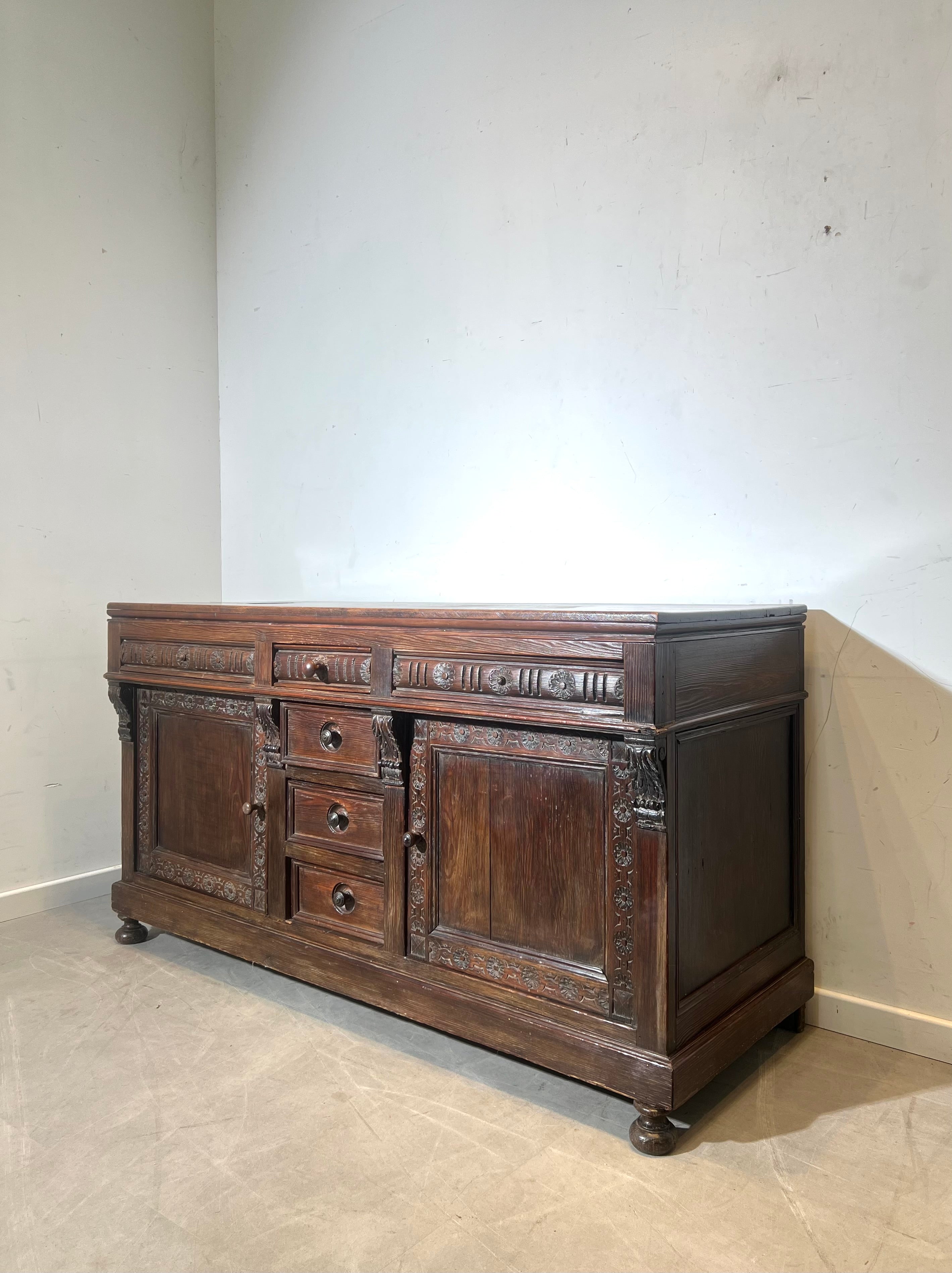 Antique Solid Oak Dressoir– Hand-Carved Details