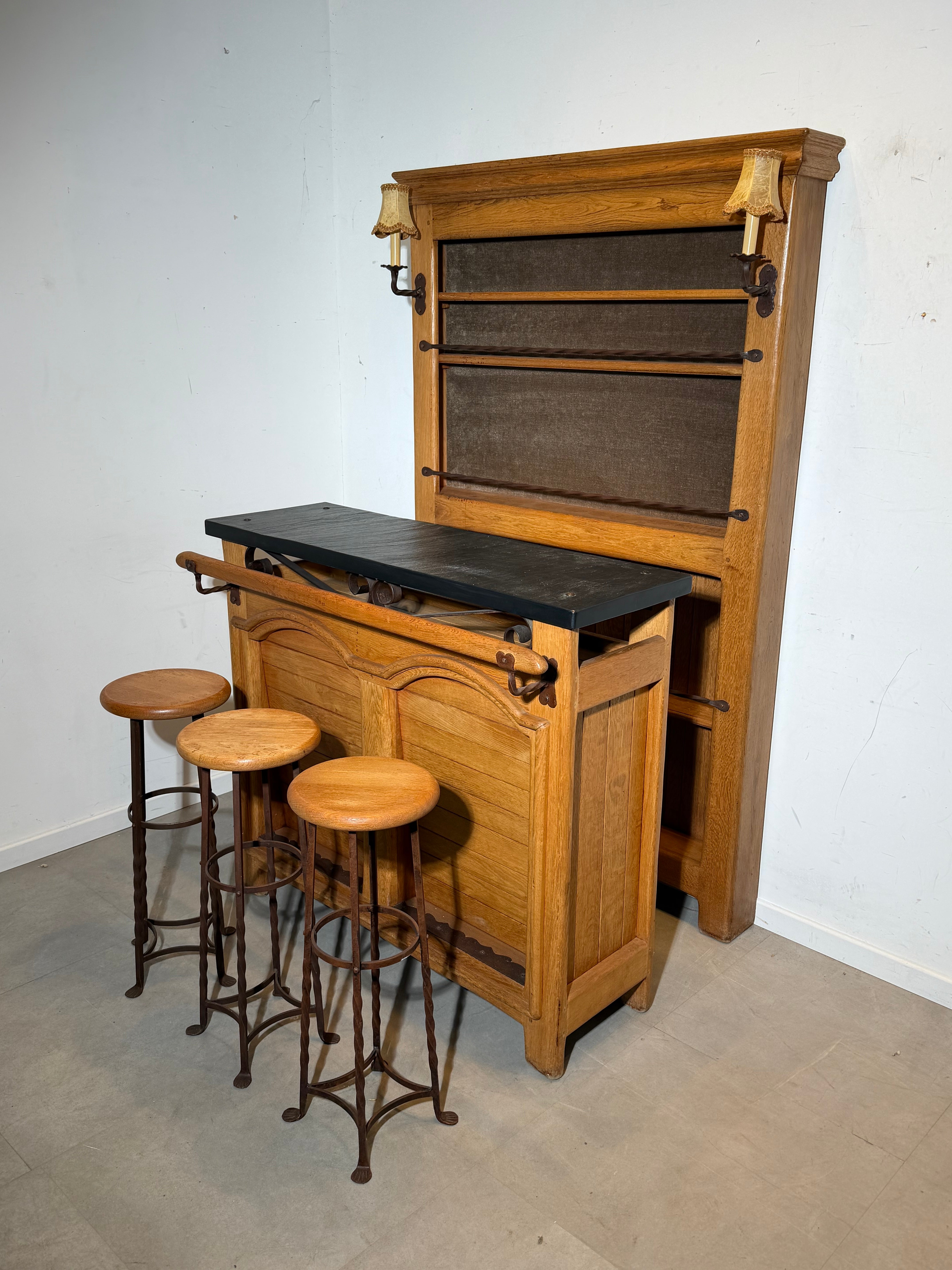 Massive Oak Bar Cabinet Set with Bar Counter & 3 Stools