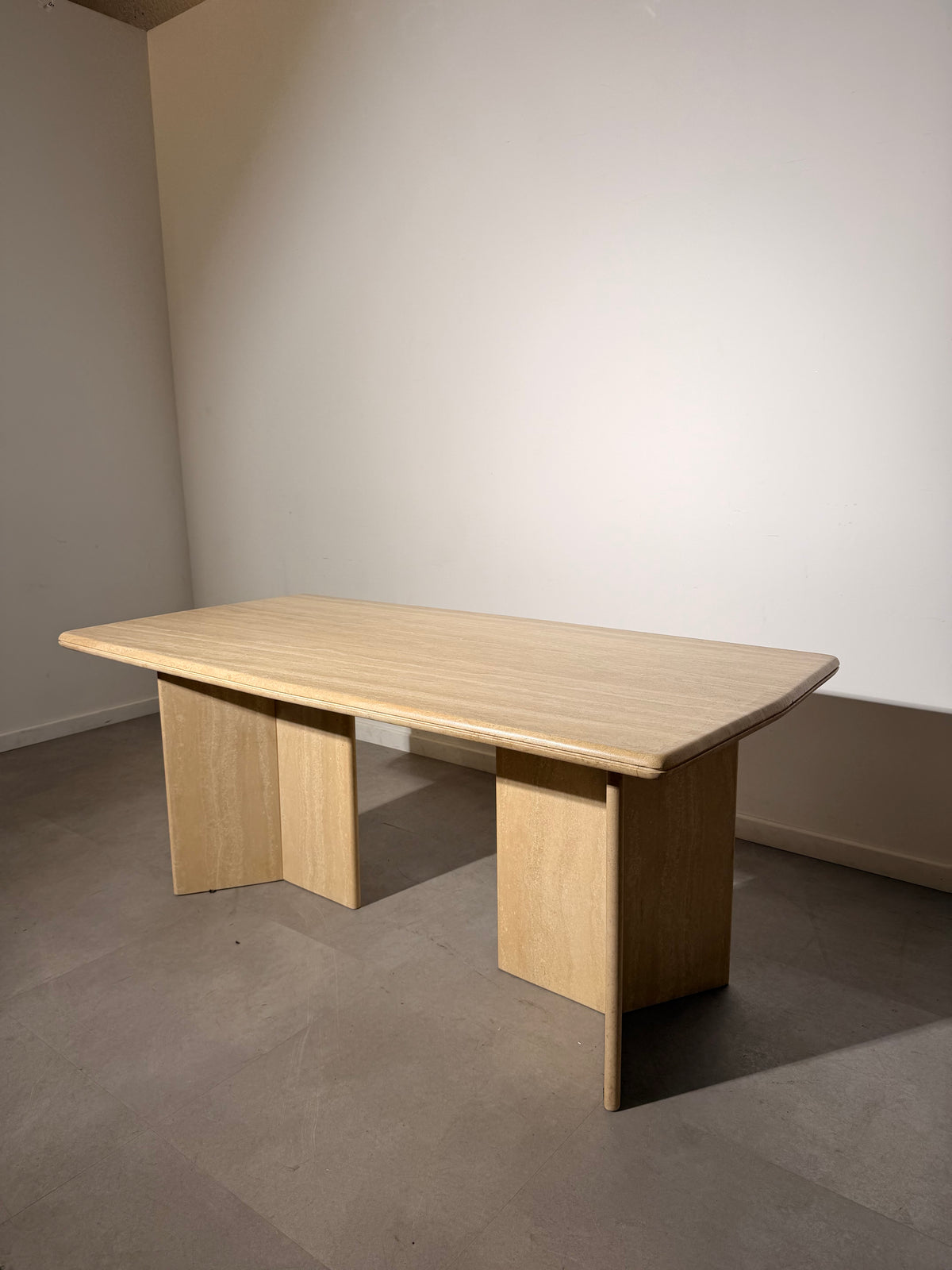 Vintage Travertine Dining Table – Sculptural Double Pedestal Base