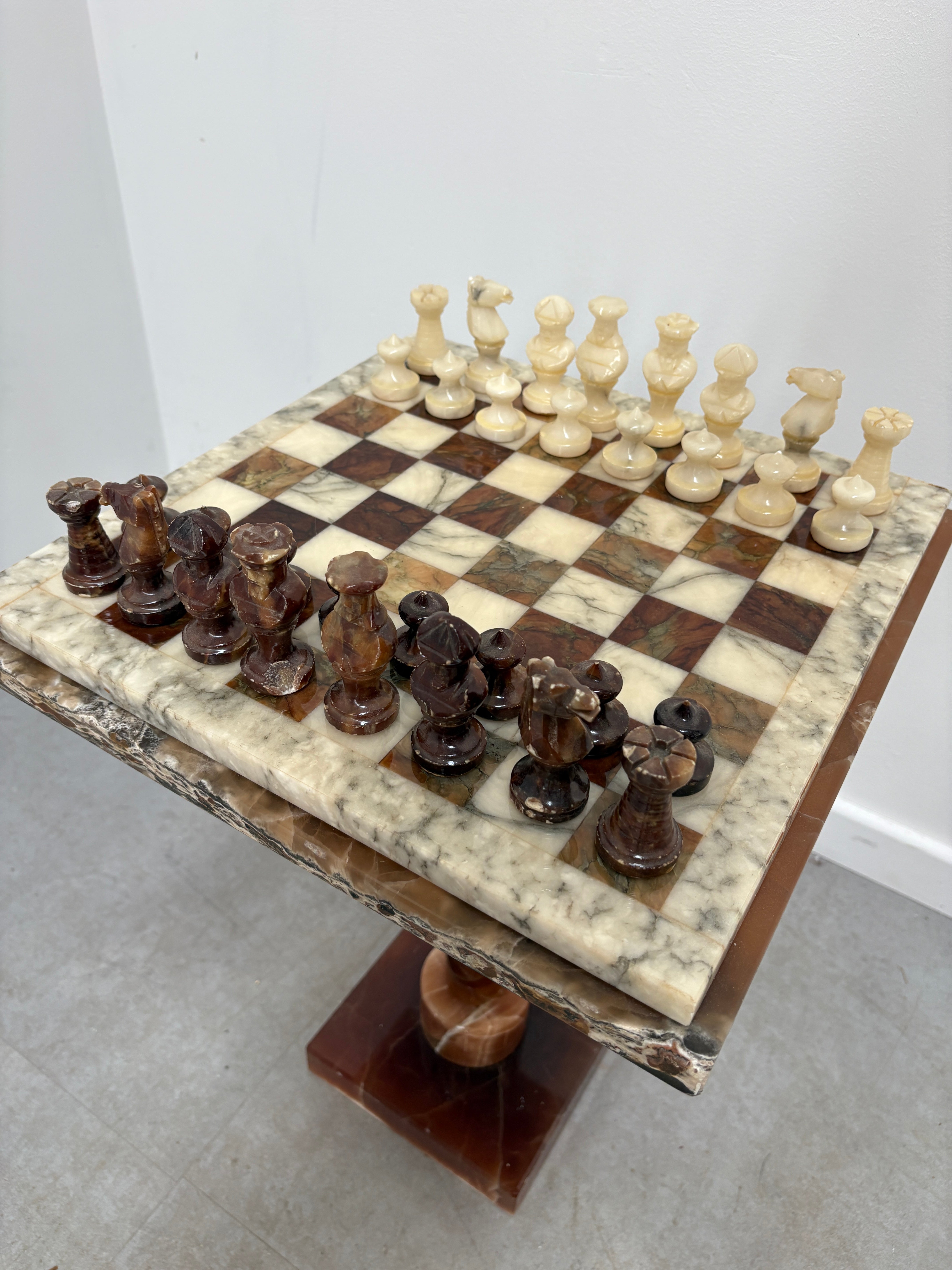 Vintage Marble Chess Set on Marble Pedestal Stand