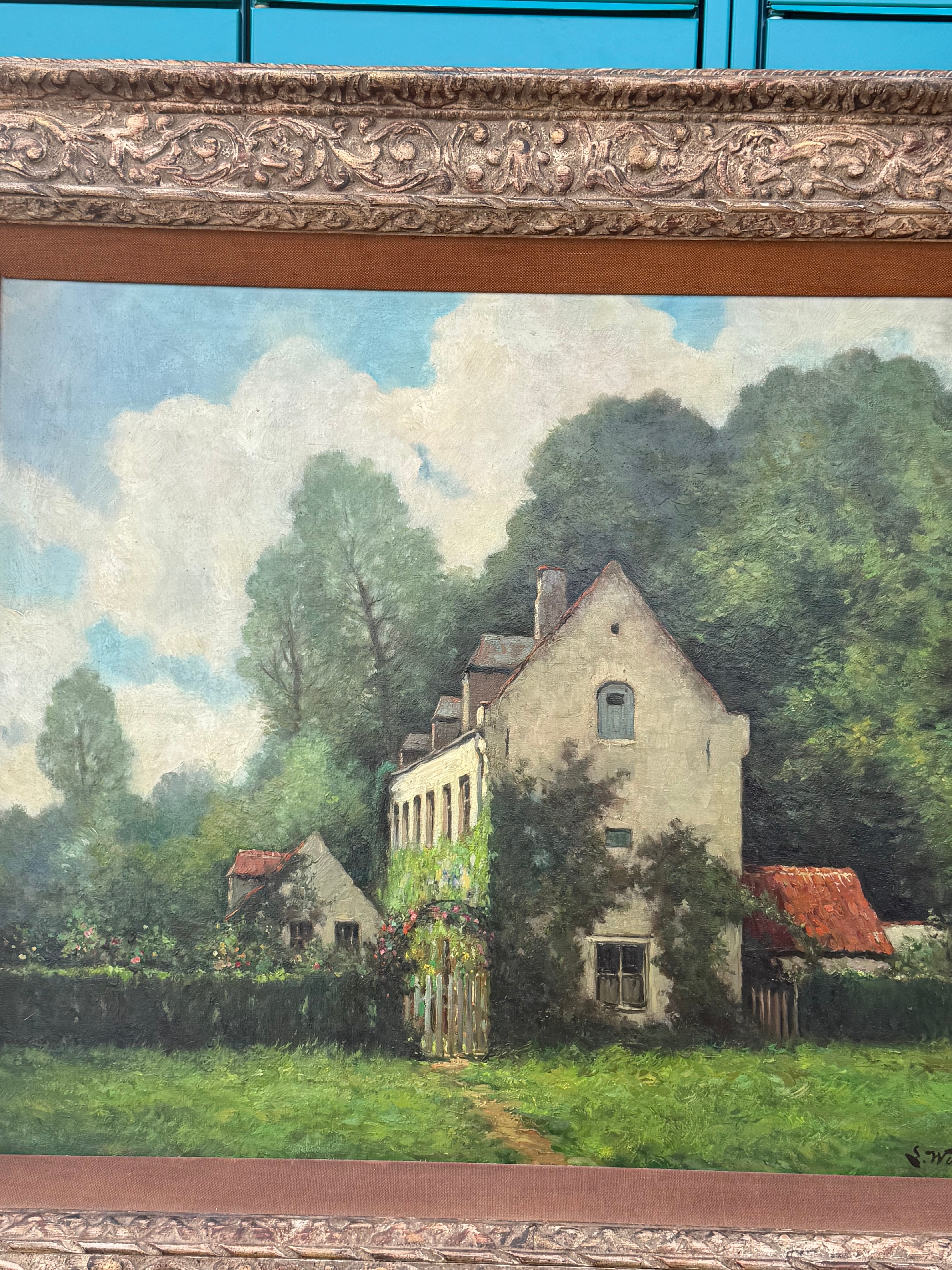 Antique Oil on Canvas Painting by Wuest – Countryside House Scene – 110 x 96 cm