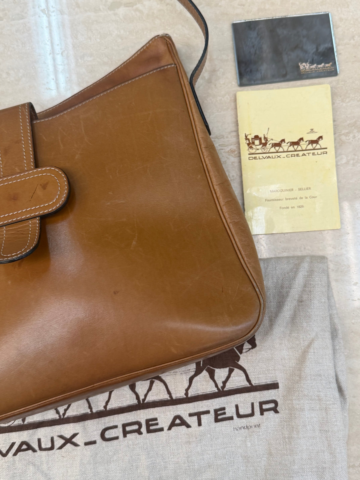 Vintage Delvaux Cognac Leather Shoulder Bag – With Dust Bag, Mirror & Certificate